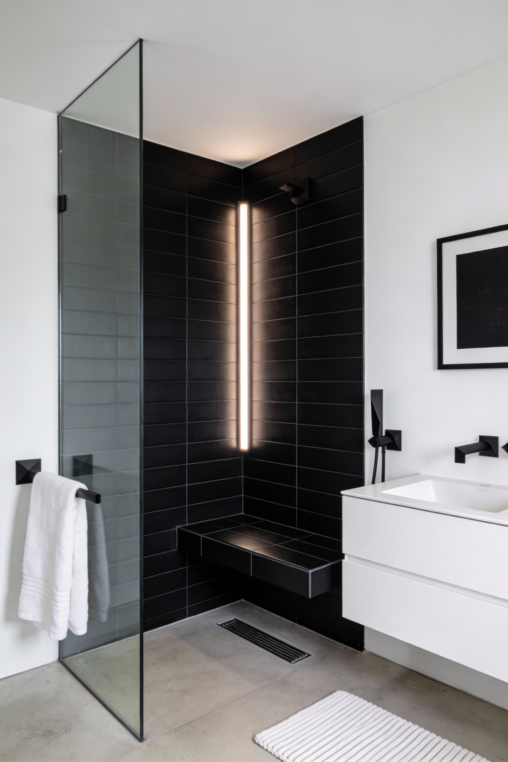 Medium corner-angle photorealistic shot of a modern contrast bathroom: bold rectangular shower clad in matte black large
