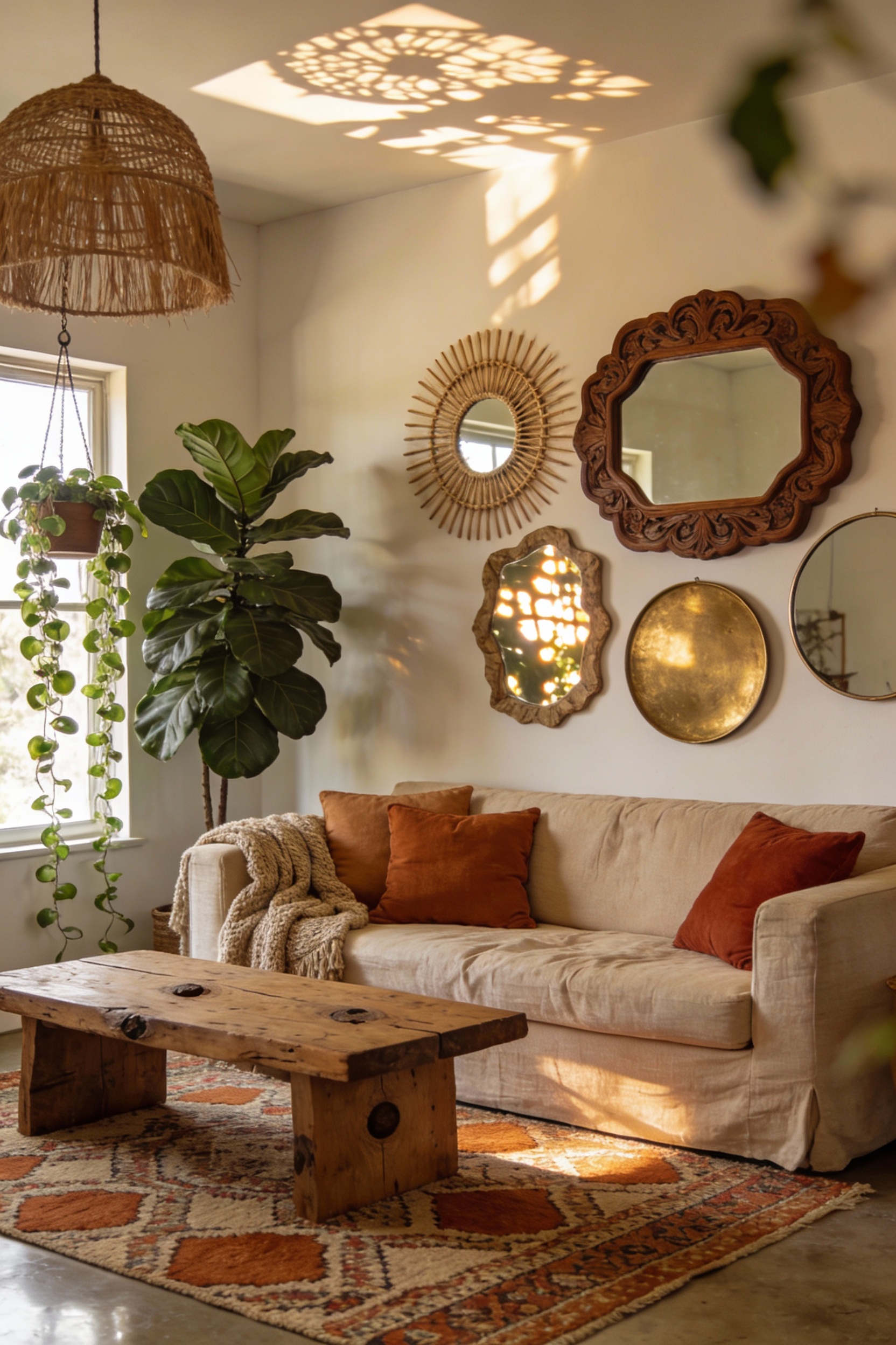 2. Medium corner-angle shot of a boho sunlit living room: creamy walls, linen sofa in sand with terracotta and rust pill