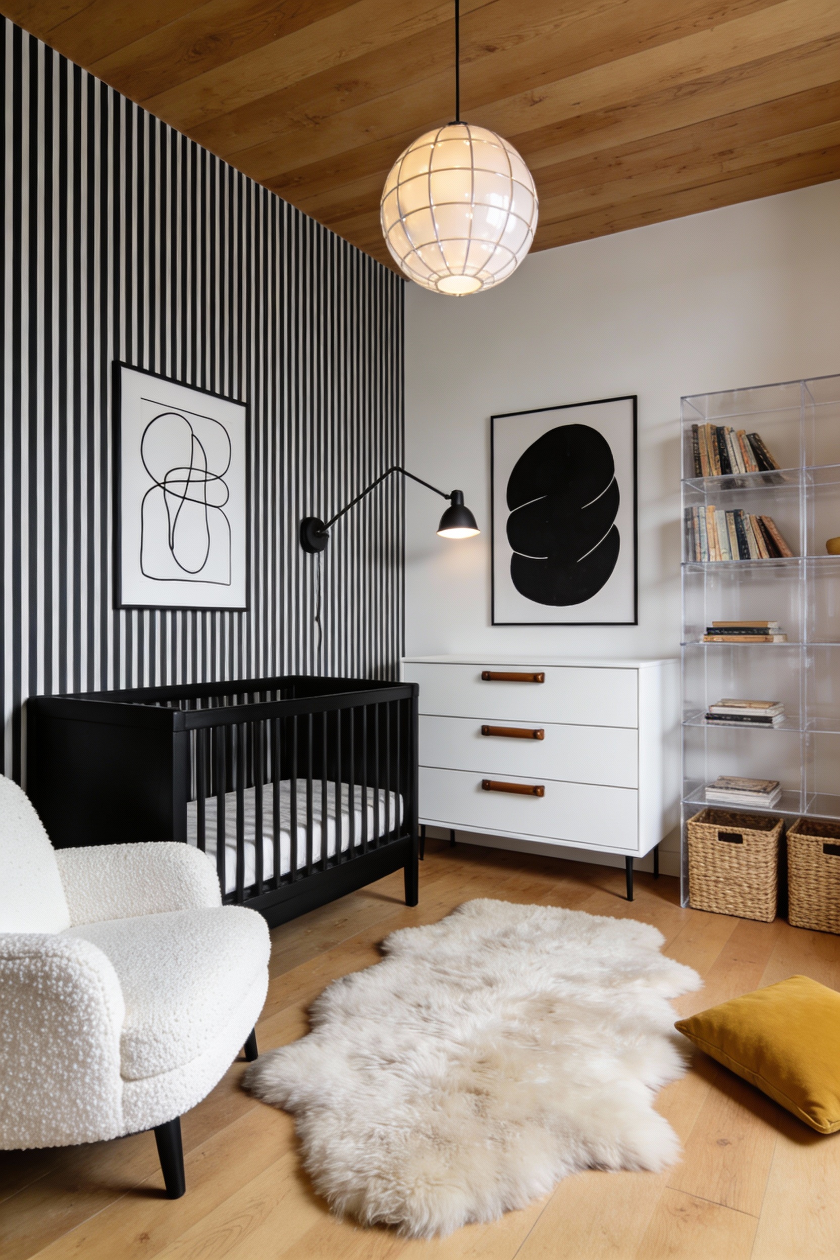 2. Photorealistic medium corner-angle shot of a modern monochrome nursery in black, white, and warm wood: single-wall bl
