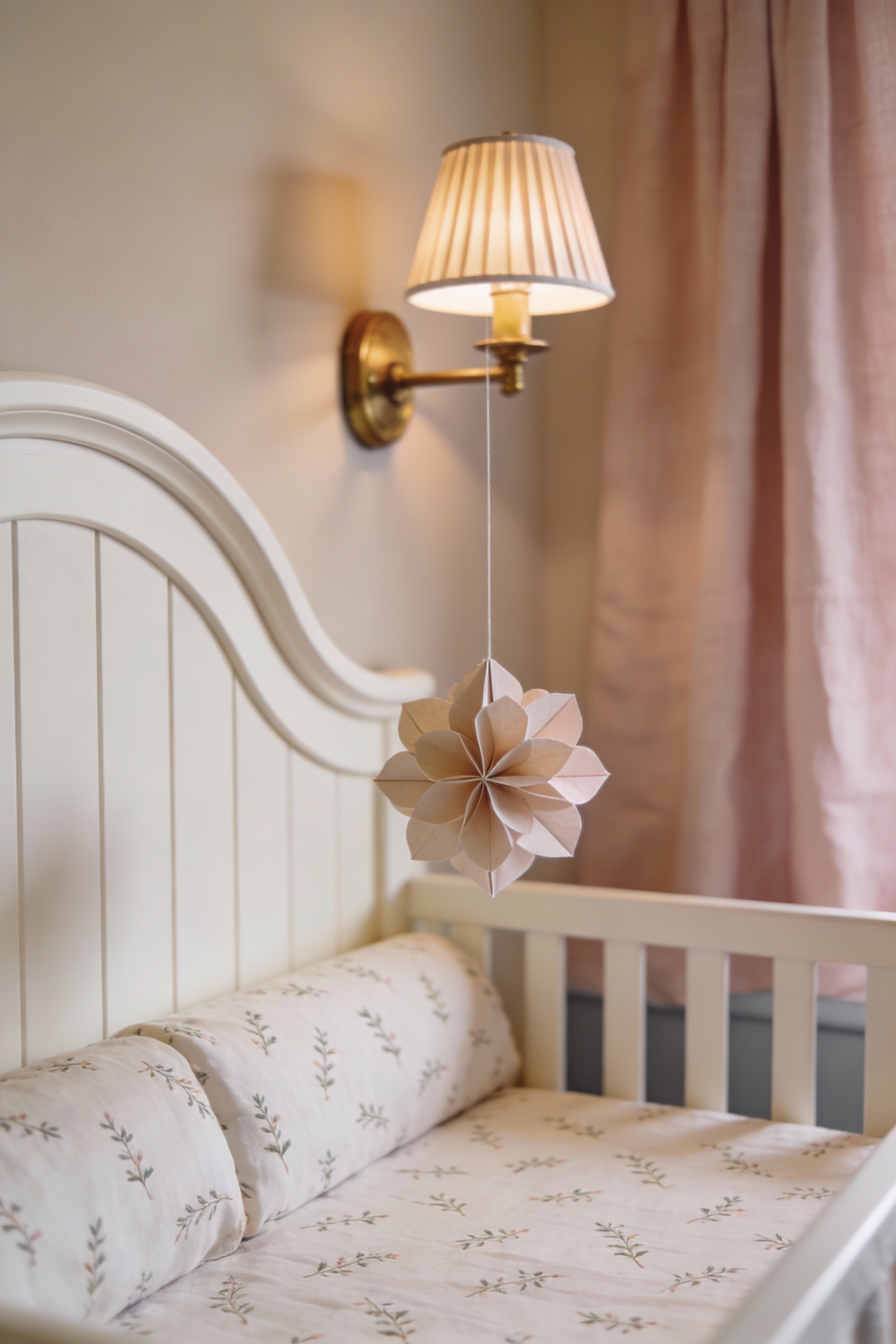 Photorealistic detail closeup of the nursery crib area: gentle arc of curved creamy white picket paneling against a warm