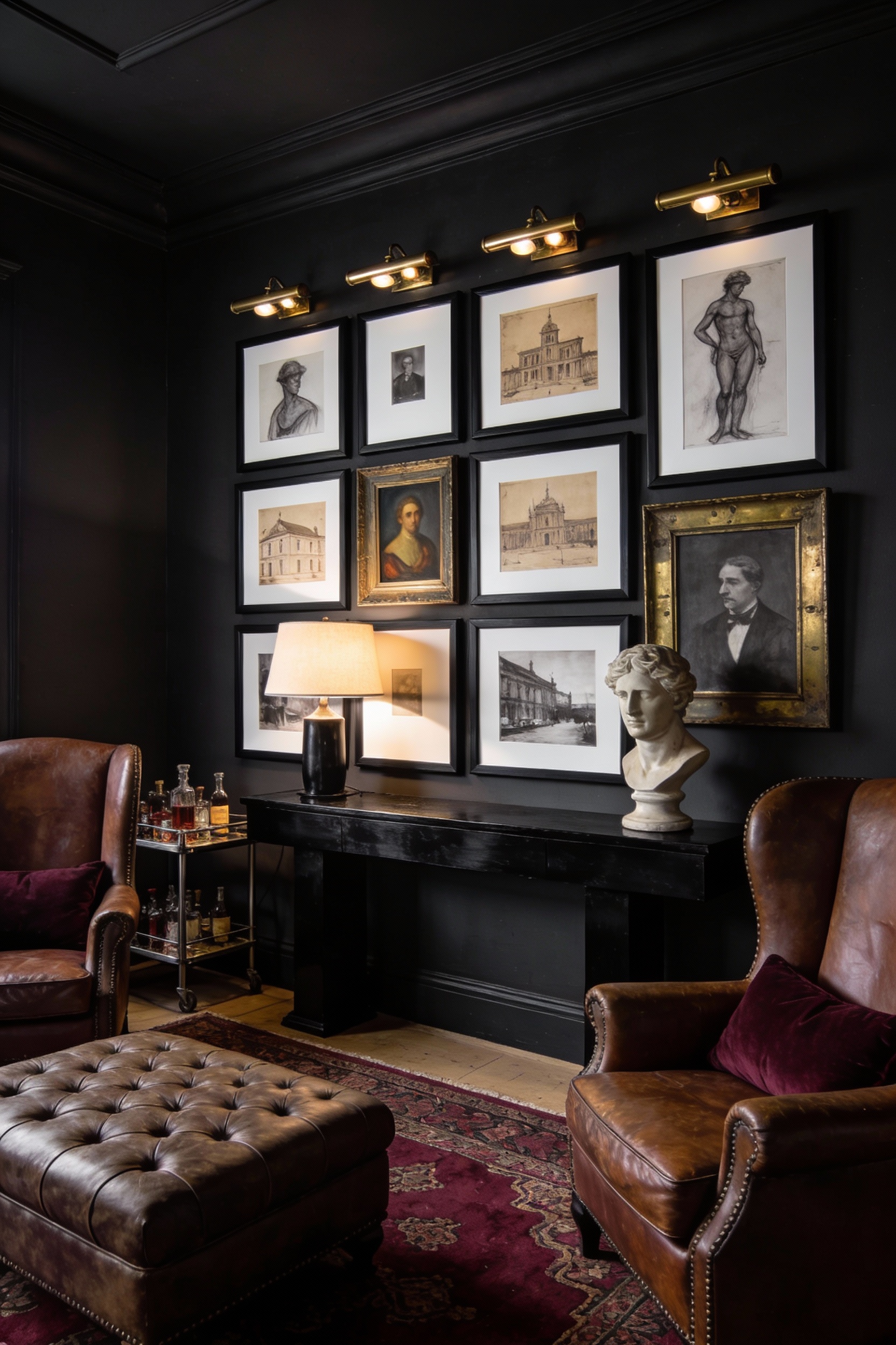 Photorealistic medium, corner-angle view of a dramatic moody library gallery on deep charcoal walls: a structured grid r