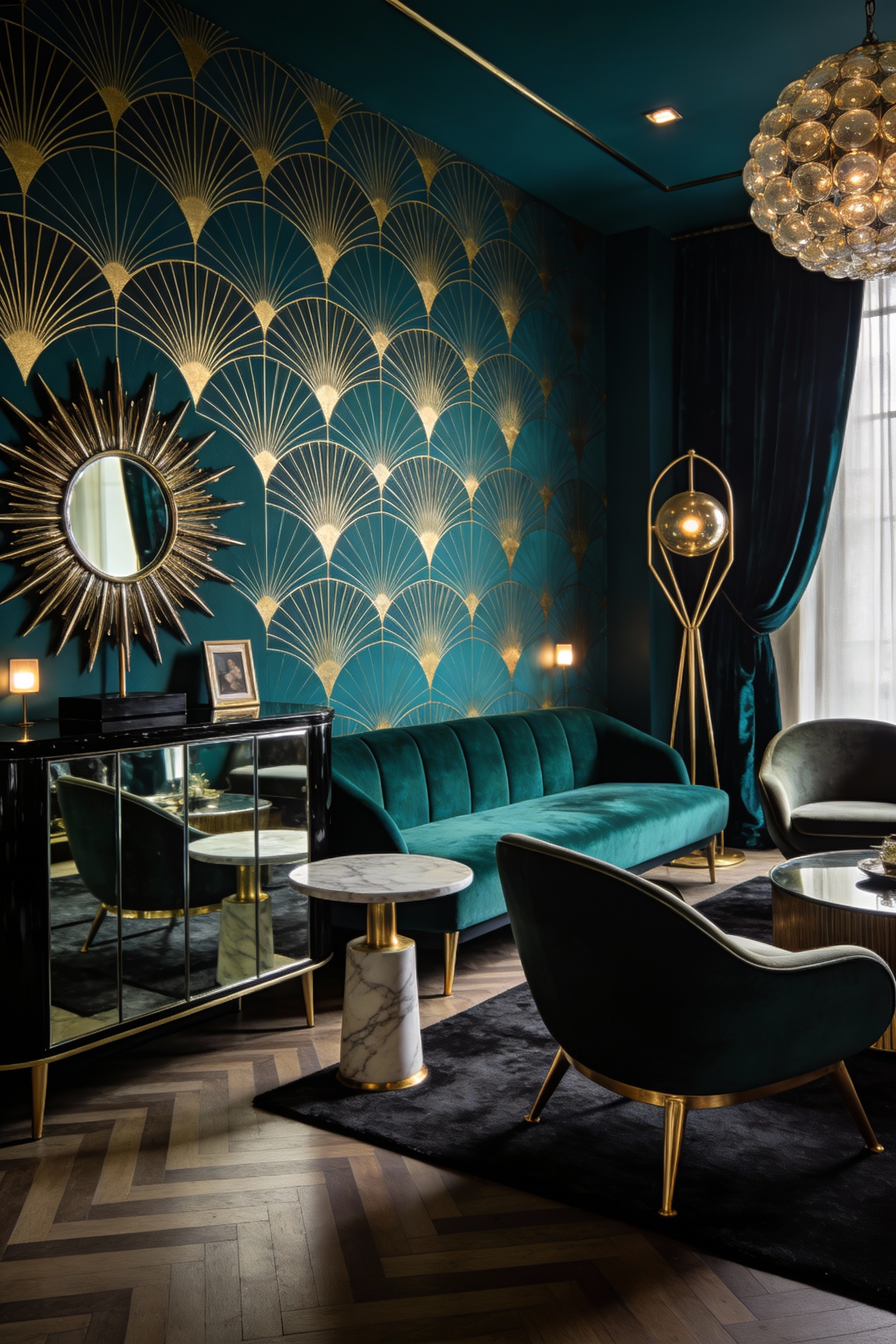 Medium corner-angle shot of an Art Deco glam lounge with midnight teal geometric wallpaper brushed with gold fan motifs,
