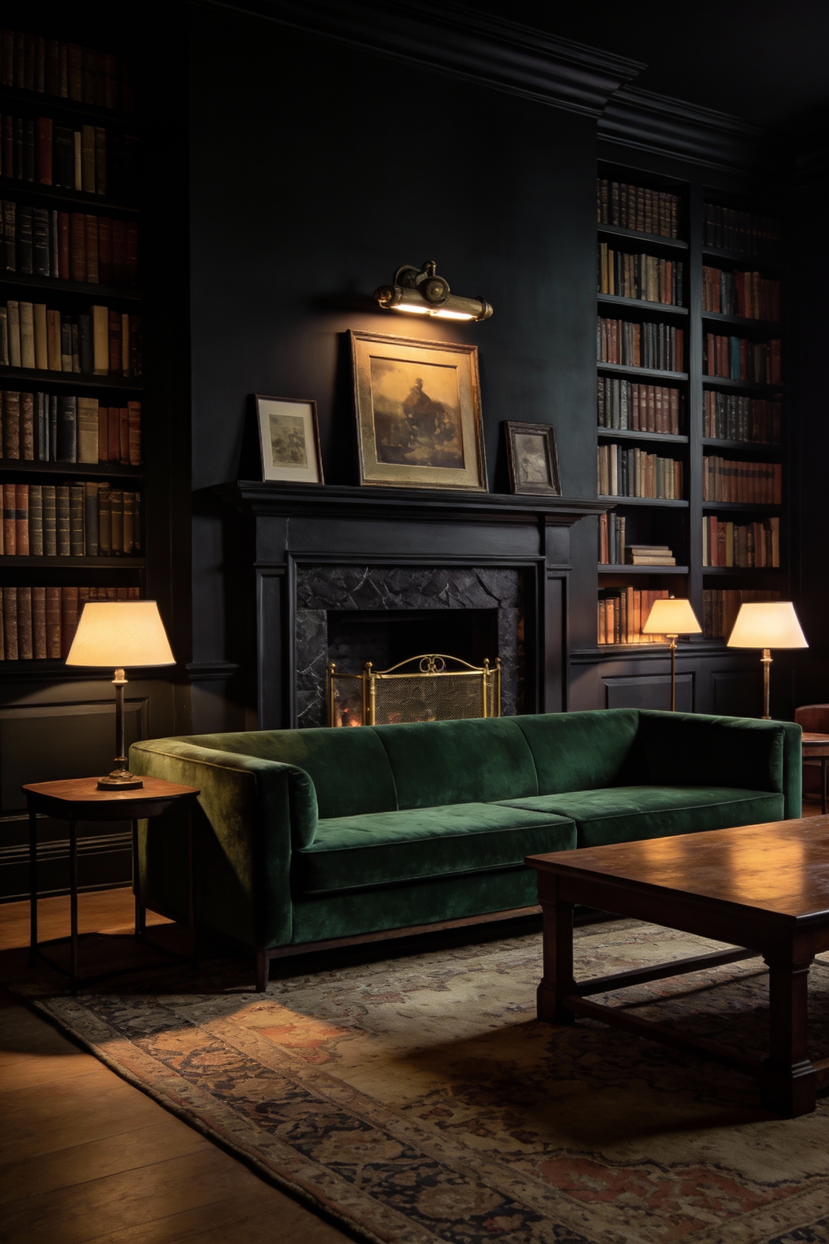 Medium photorealistic shot, moody library lounge with chimney breast painted a rich inky charcoal and wrapped seamlessly