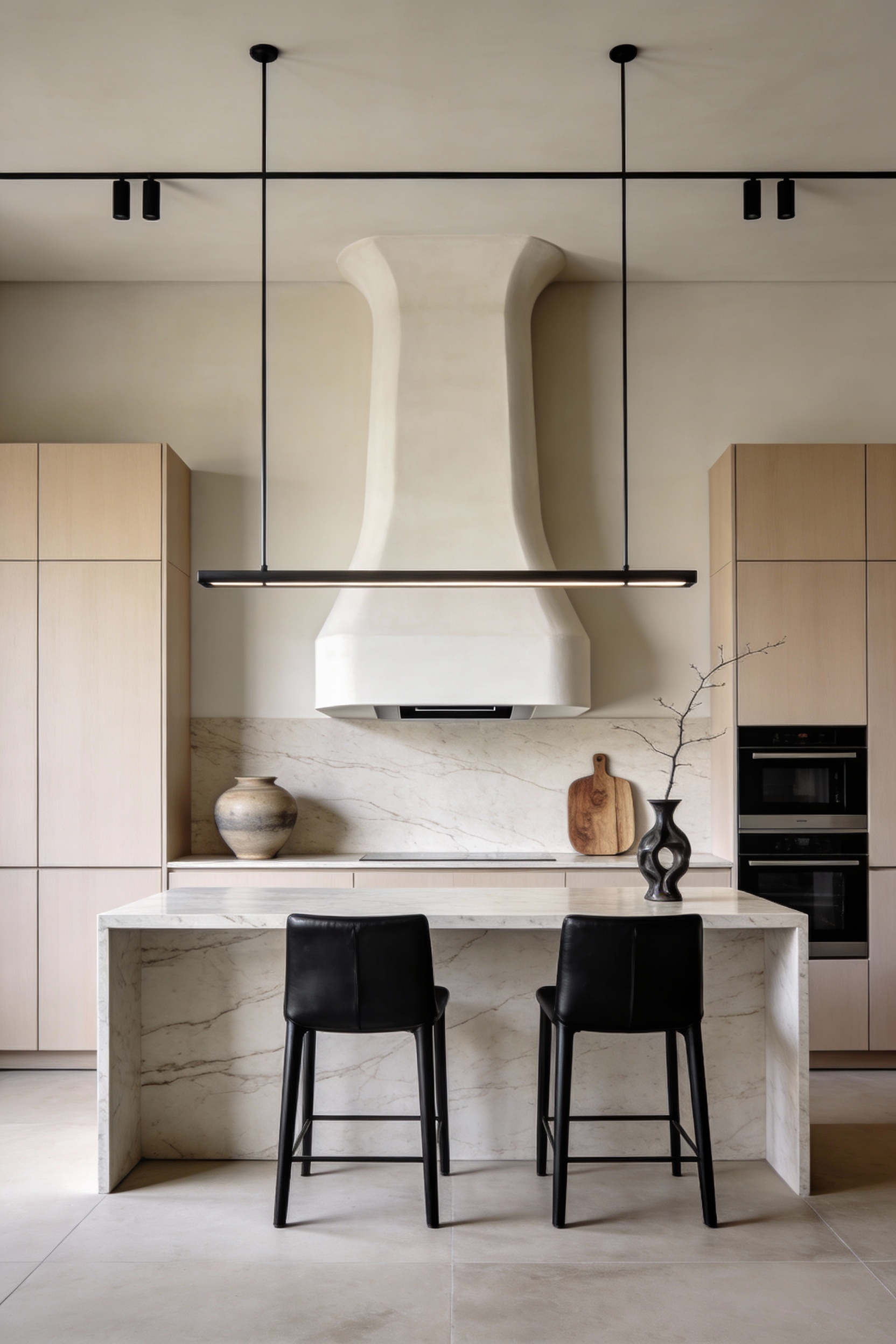 Straight-on medium shot, photorealistic modern minimal gallery kitchen featuring a smooth sculptural plaster chimney pai