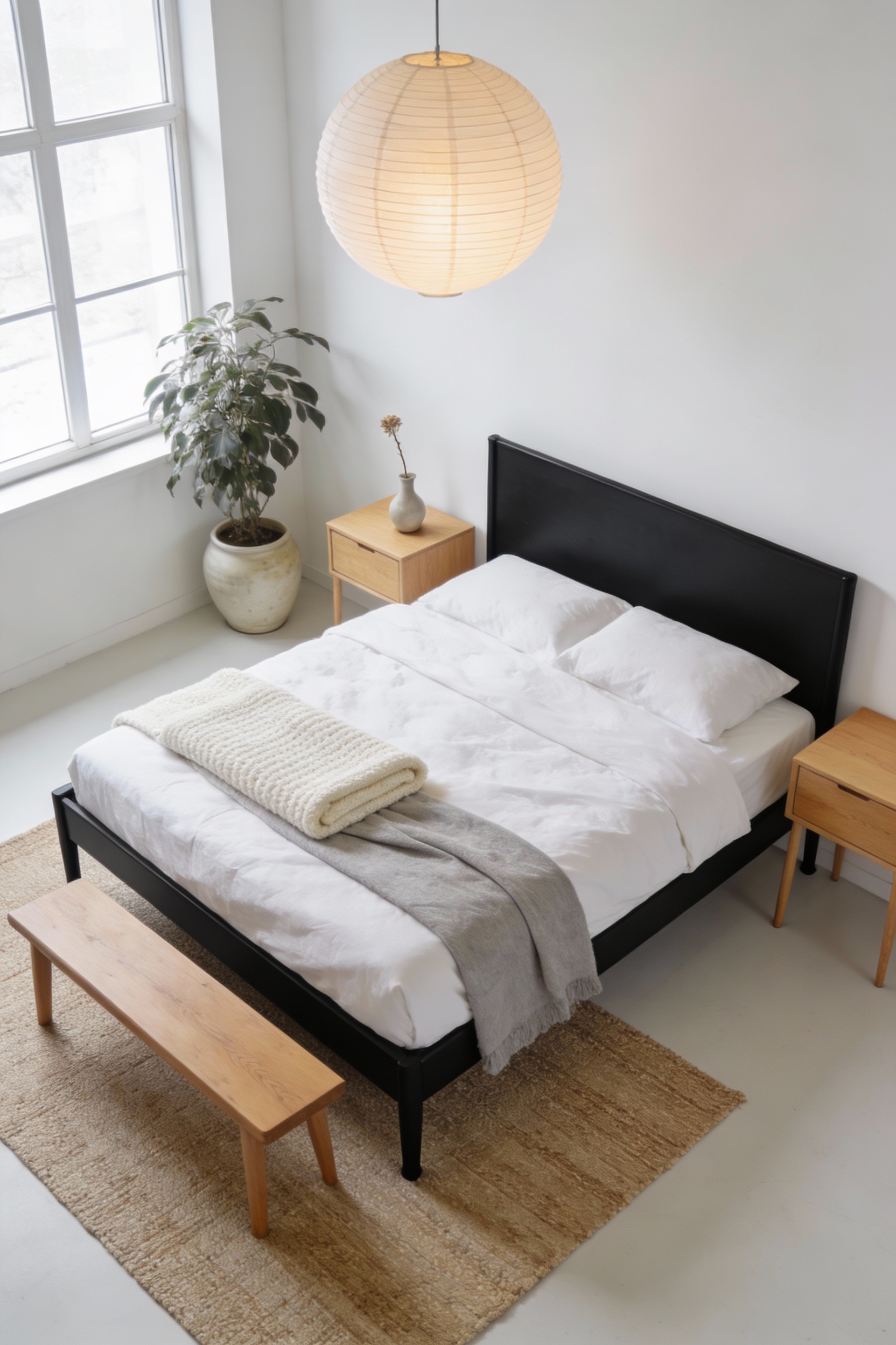 Medium photorealistic corner-angle shot, bright Scandinavian soft minimal bedroom: matte black bedframe with slim legs a
