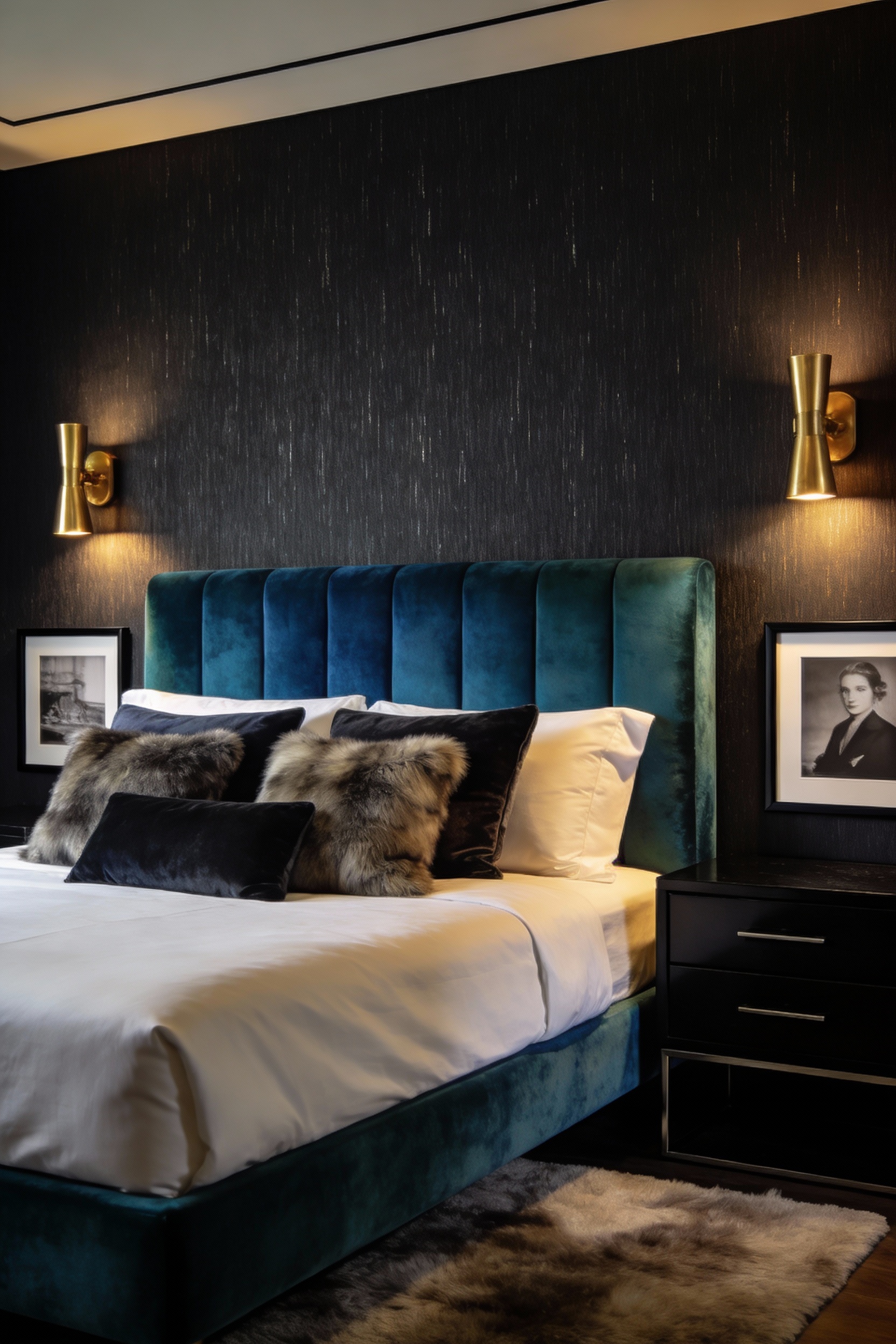 Medium straight-on photorealistic shot of a moody boutique-hotel bed wall: deep textured charcoal grasscloth wallpaper w