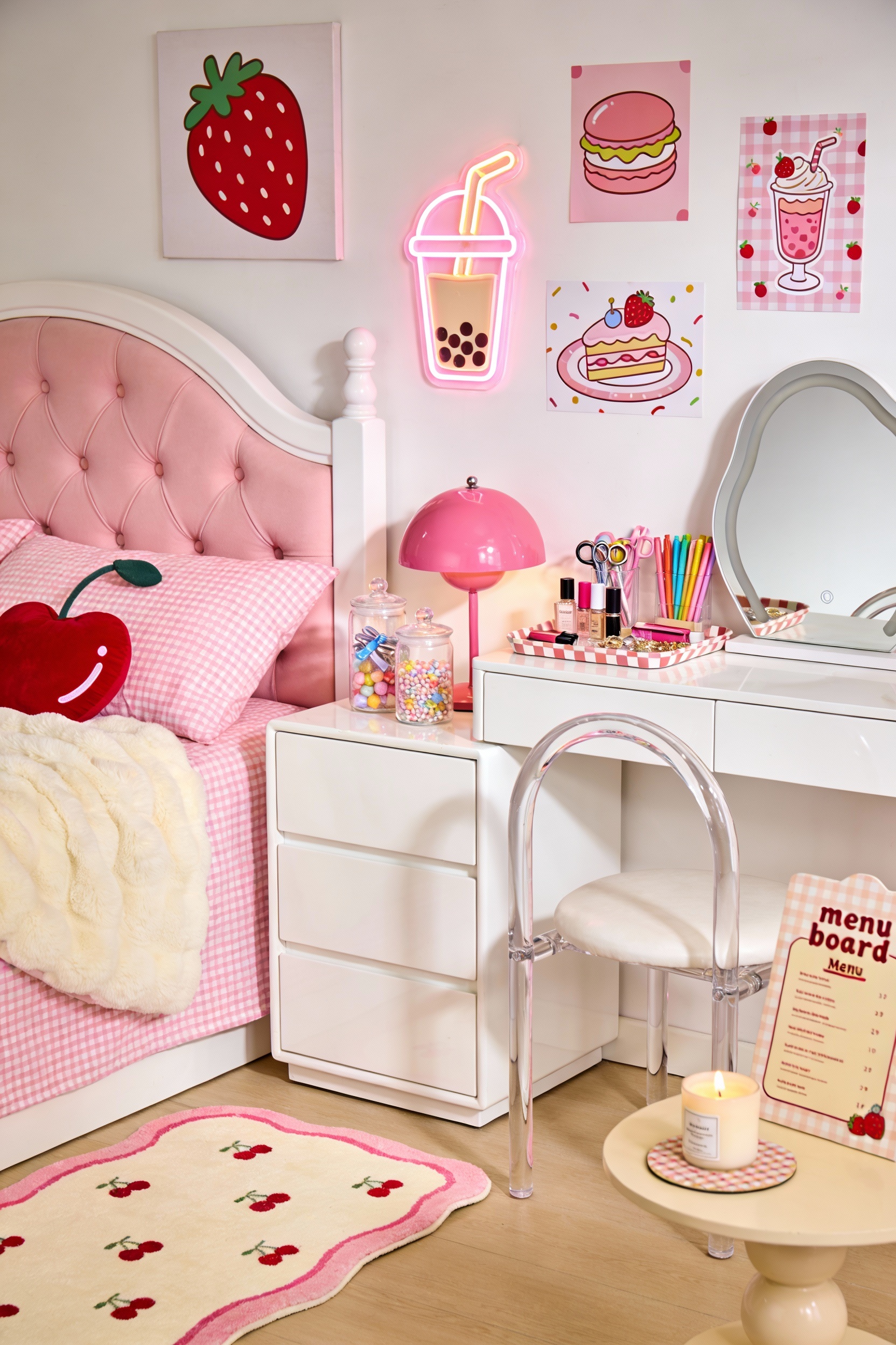 Medium straight-on shot of a strawberry milk tea pop bedroom vignette: pink upholstered headboard (or white bed frame) d