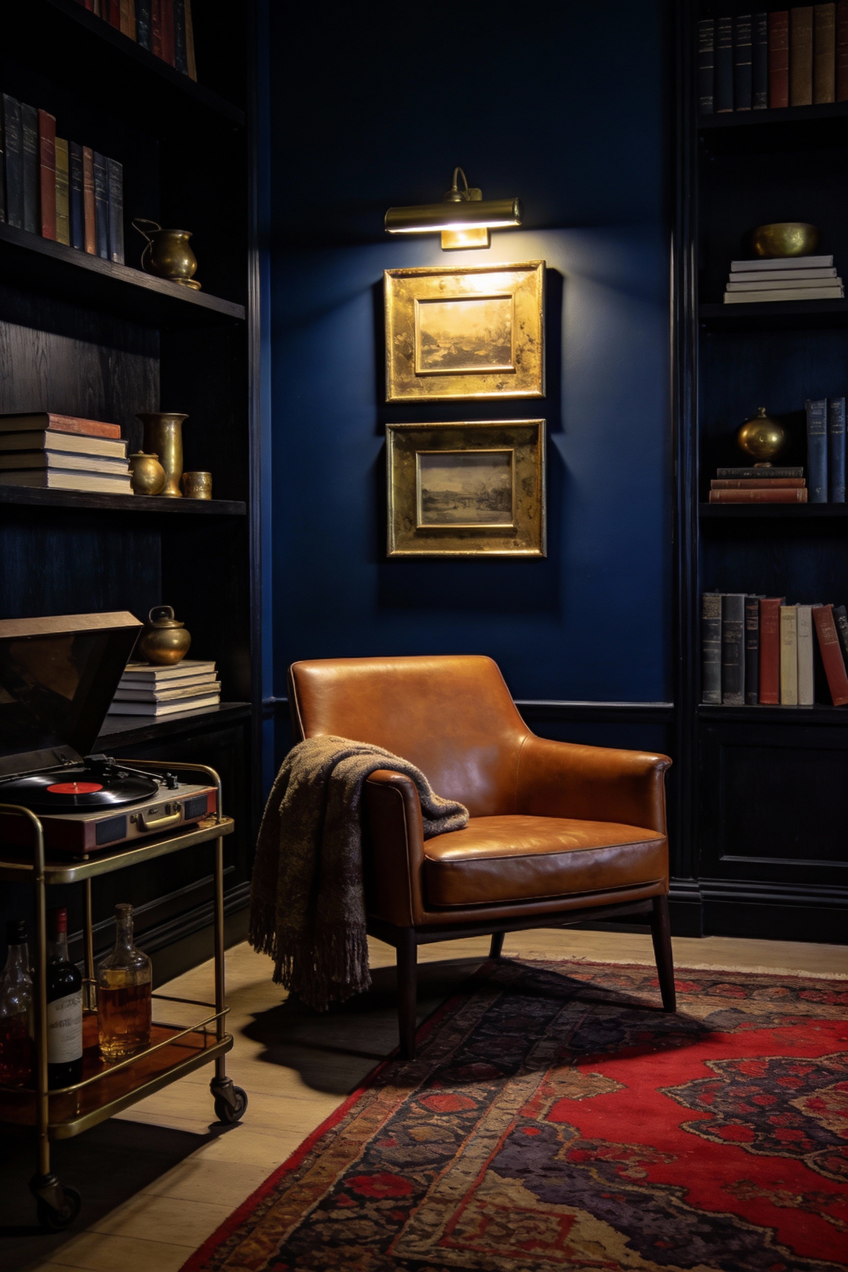 Medium straight-on photorealistic moody library lounge at night: deep ink navy / near-black blue walls in satin or eggsh