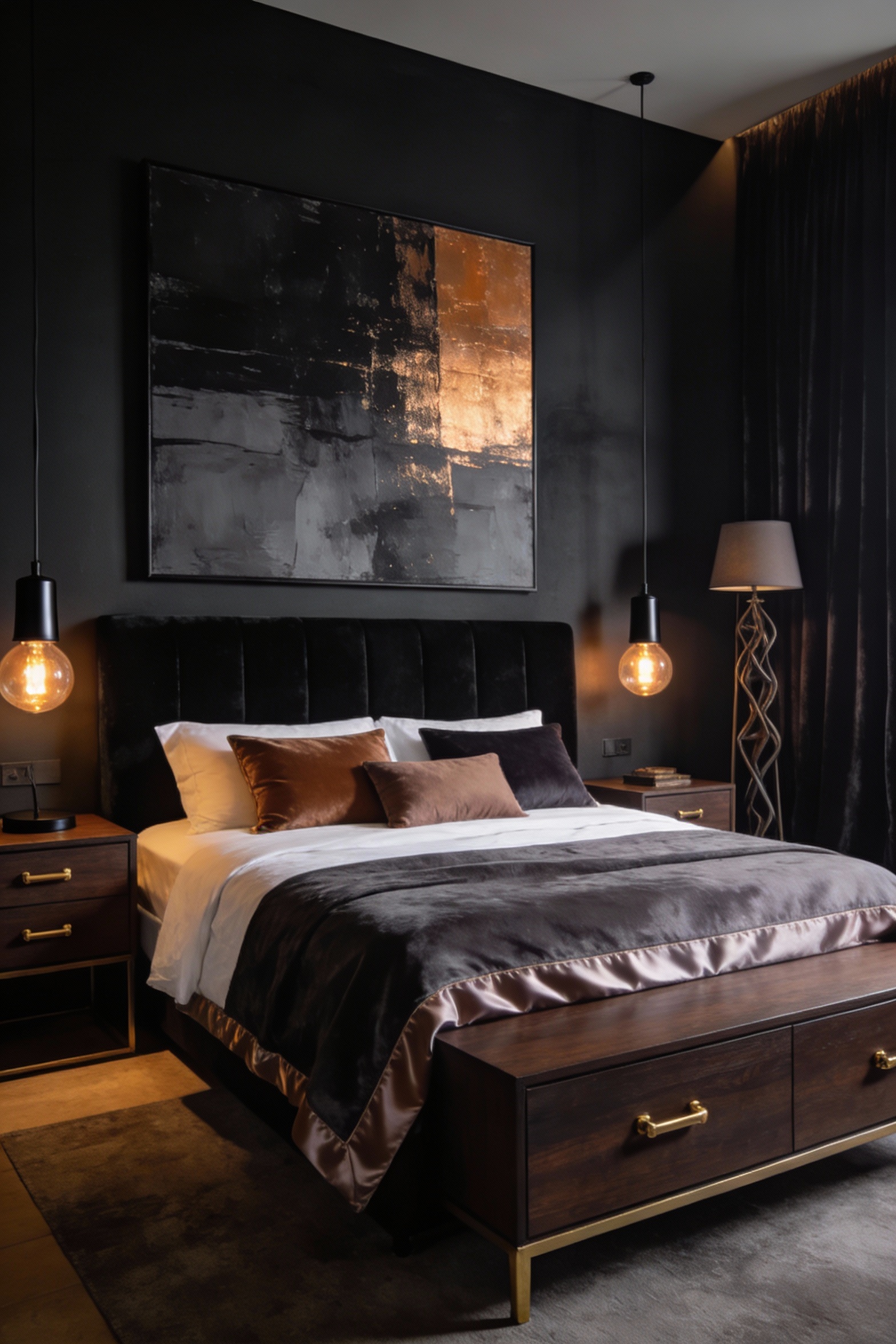 Straight-on wide photorealistic moody boutique-hotel bedroom with deep charcoal/near-black graphite walls, tall black ve