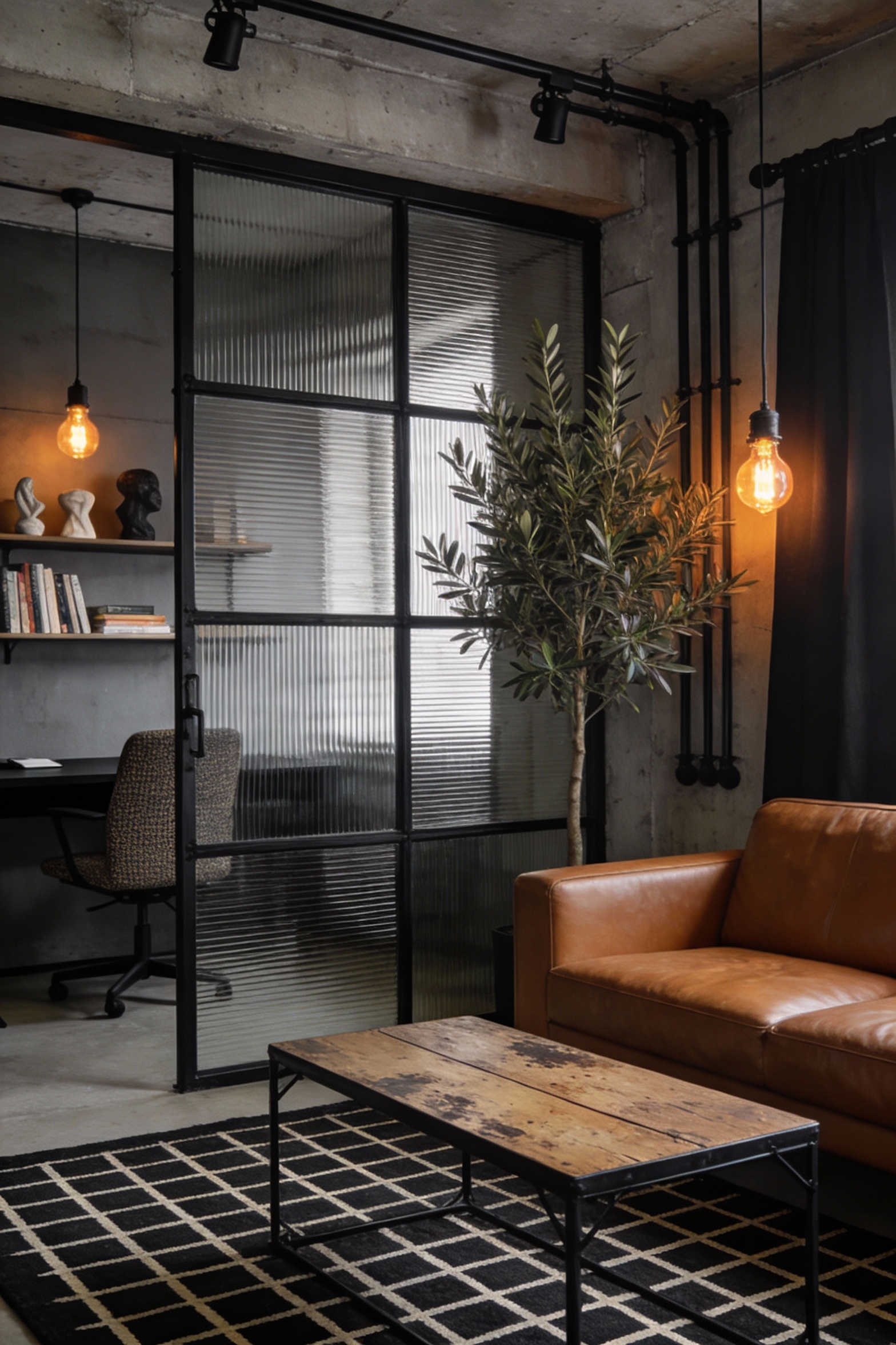 2. Medium shot, corner angle photorealistic urban industrial loft showing a black steel-framed divider with ribbed glass