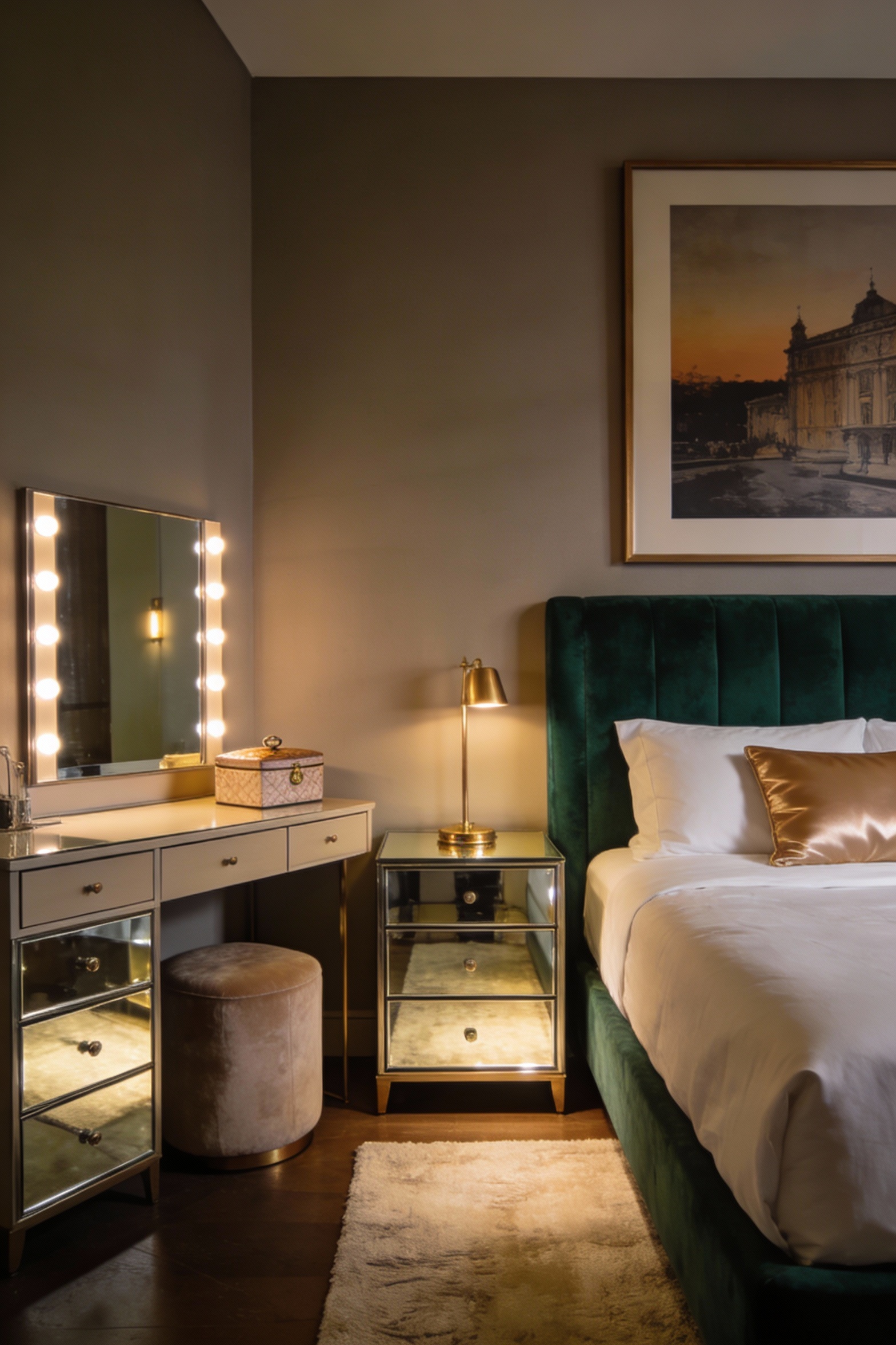 Medium shot photorealistic glam boutique-hotel bedroom in warm greige/smoky taupe walls, deep emerald velvet headboard,
