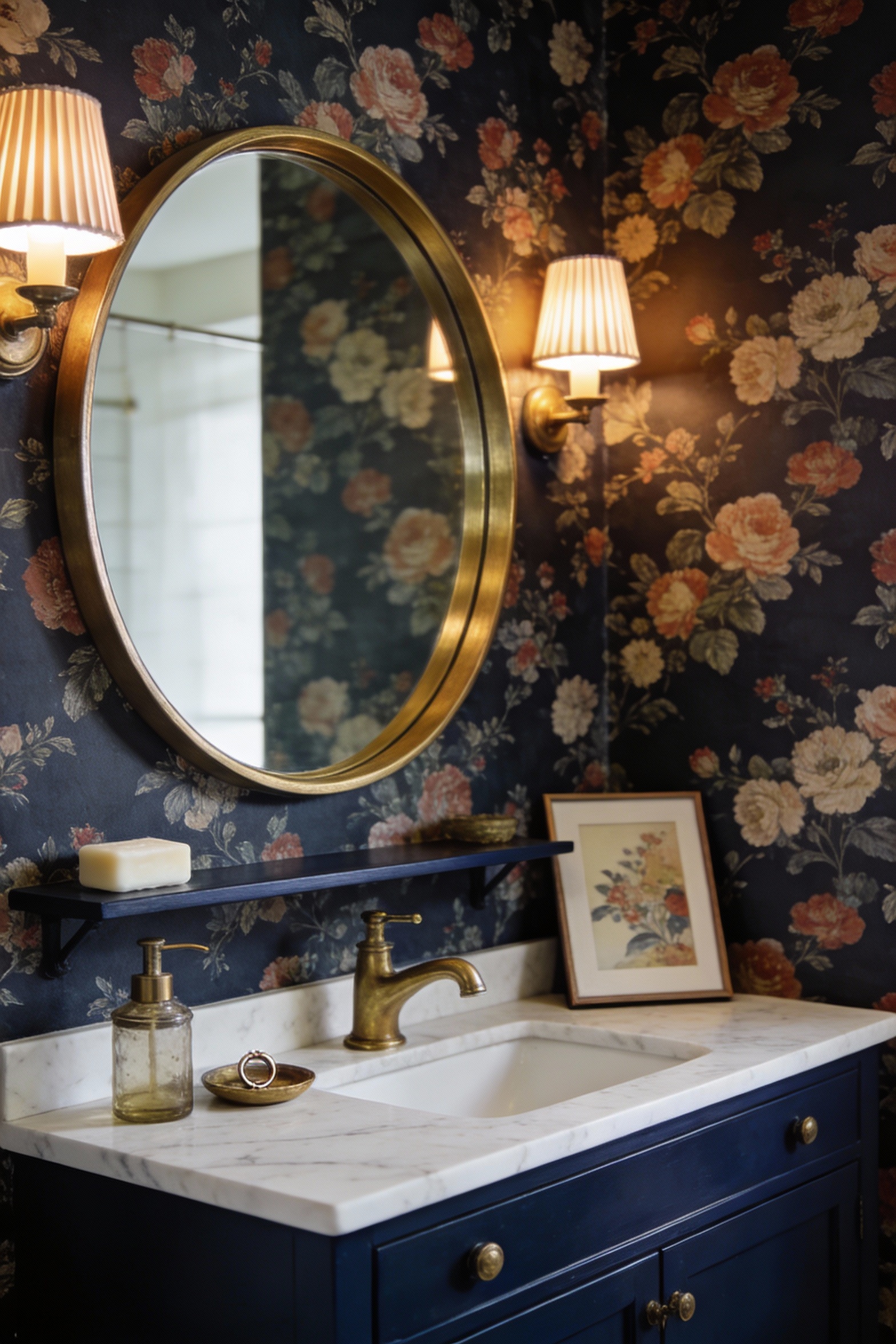 Medium, eye-level photorealistic shot of a vintage-inspired powder room: brass round mirror with a slightly thicker fram