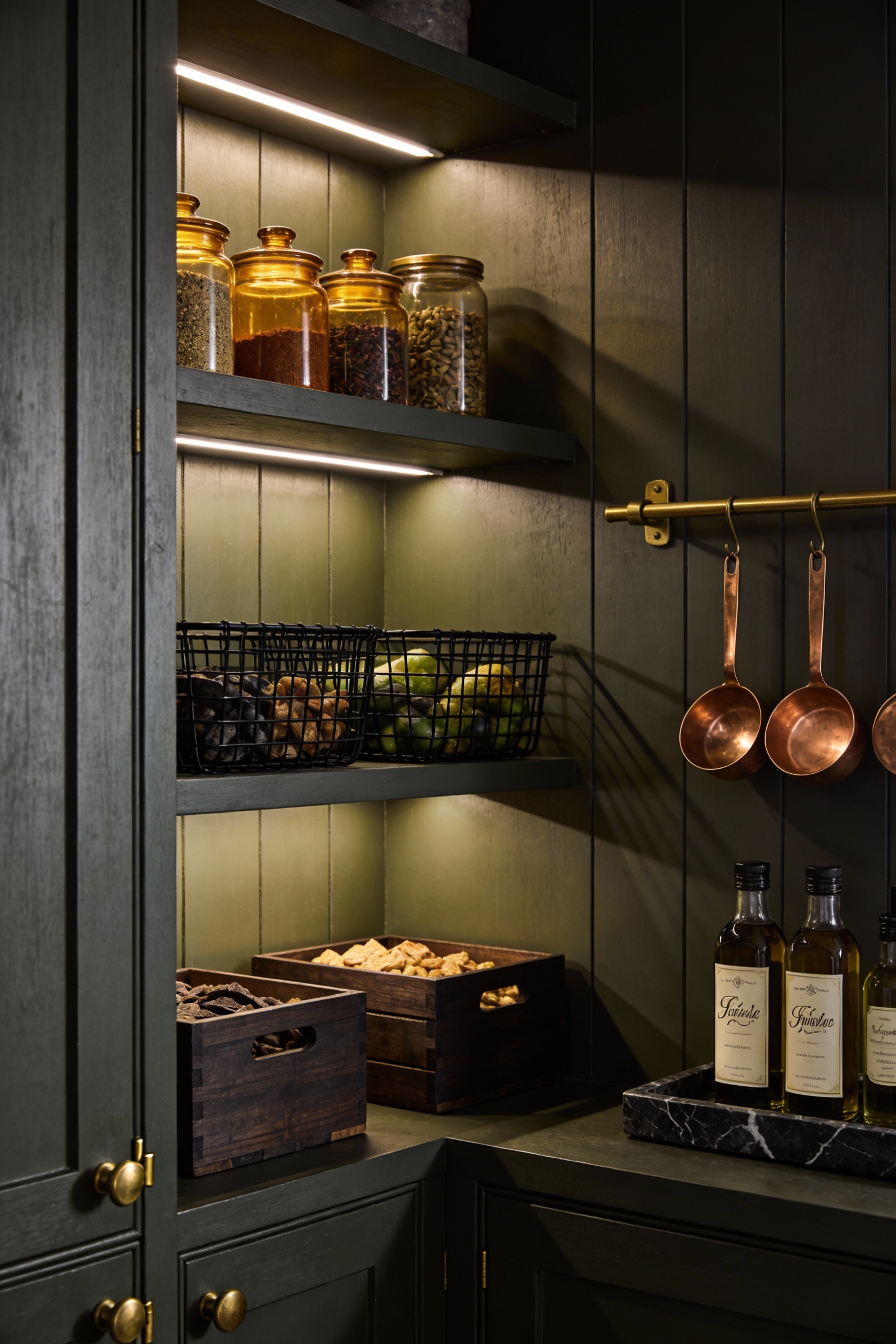 2. Medium corner-angle shot of a moody “Apothecary Closet” pantry: charcoal/deep olive shelves and the inside of the pan