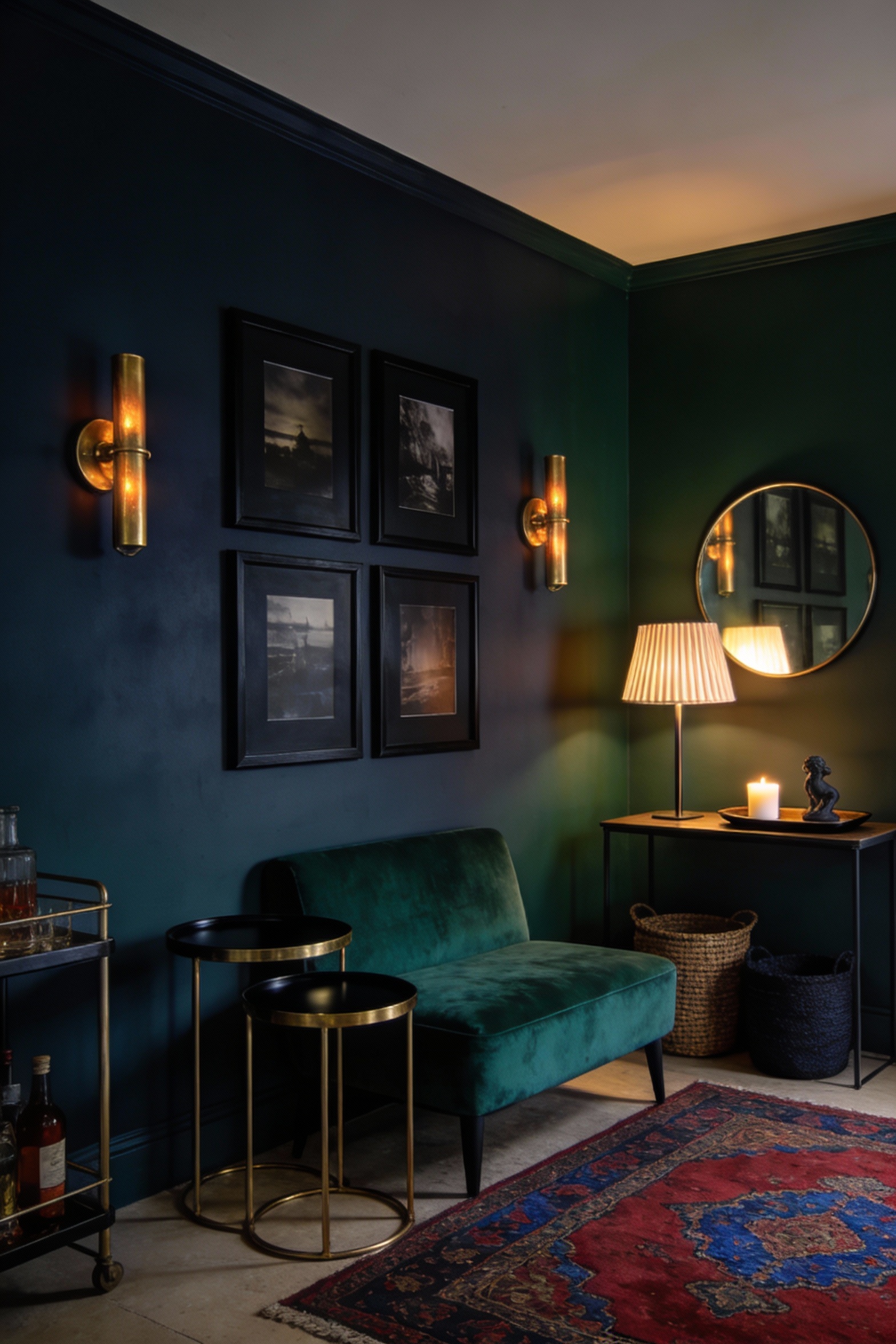 Medium photorealistic straight-on shot of a moody boutique flat living area with velvety inky navy/charcoal/deep forest 