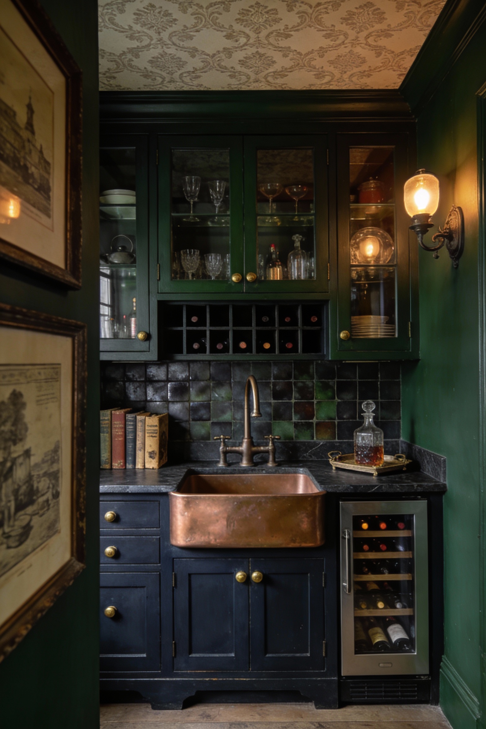 Medium photorealistic straight-on shot of a moody old-world butler’s pantry scullery: charcoal/forest-green/inky-navy ca