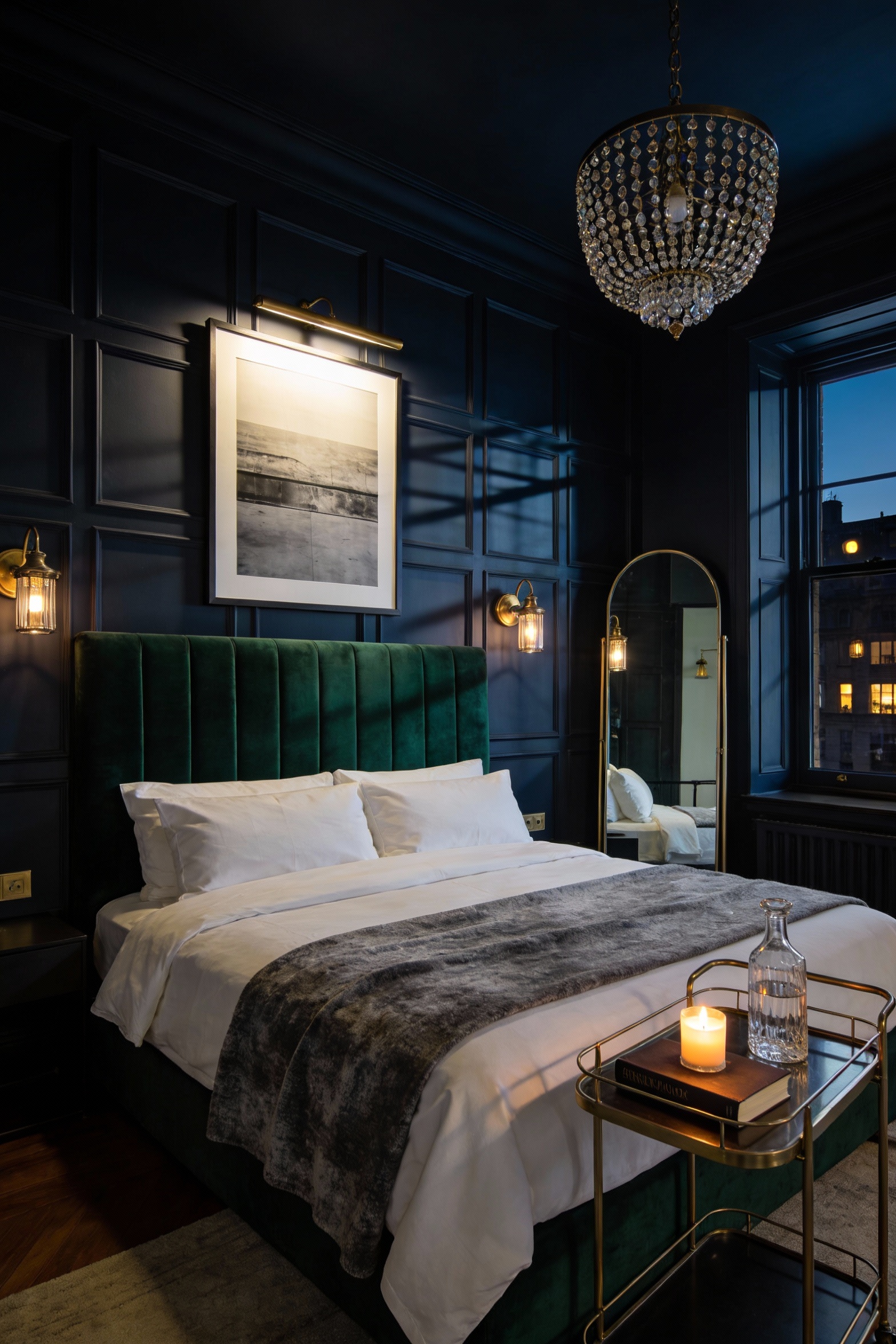 Straight-on wide photorealistic shot of a moody boutique hotel bedroom: deep charcoal to inky blue-black accent wall beh