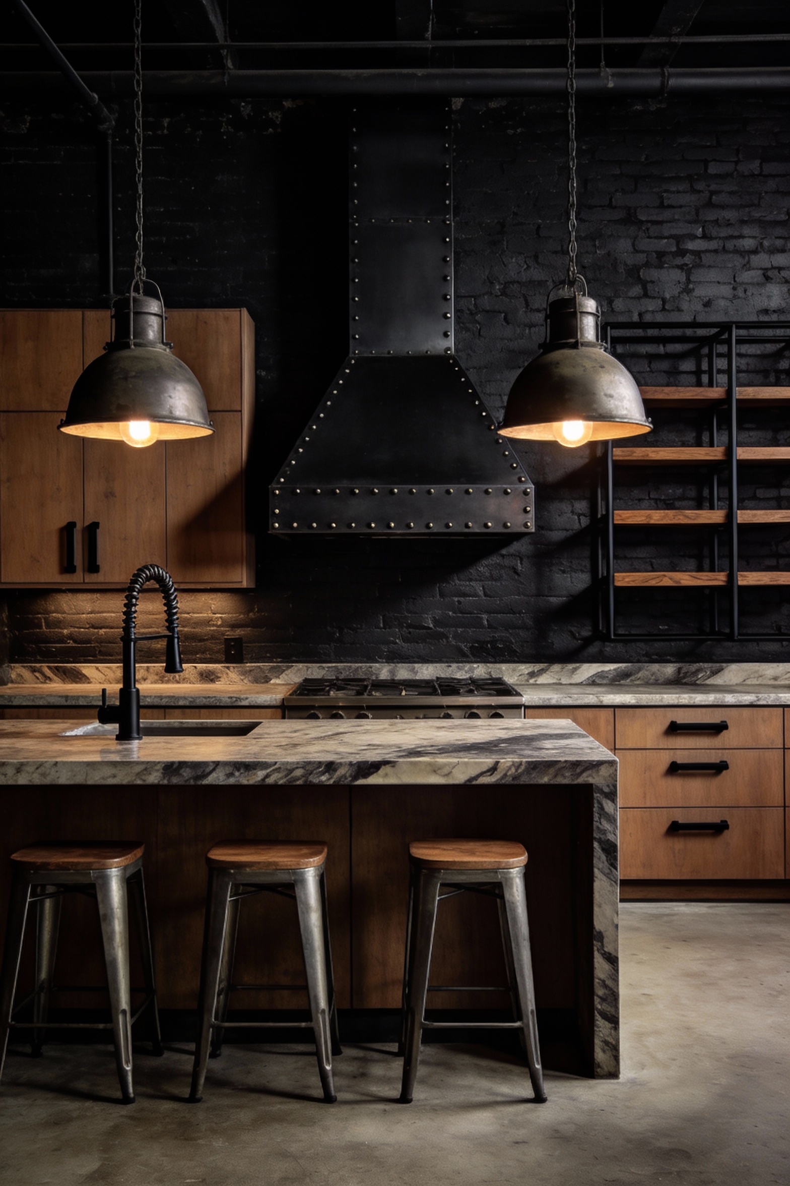2. Straight-on medium-wide shot of a moody industrial loft kitchen with a bold blackened steel vent hood featuring crisp