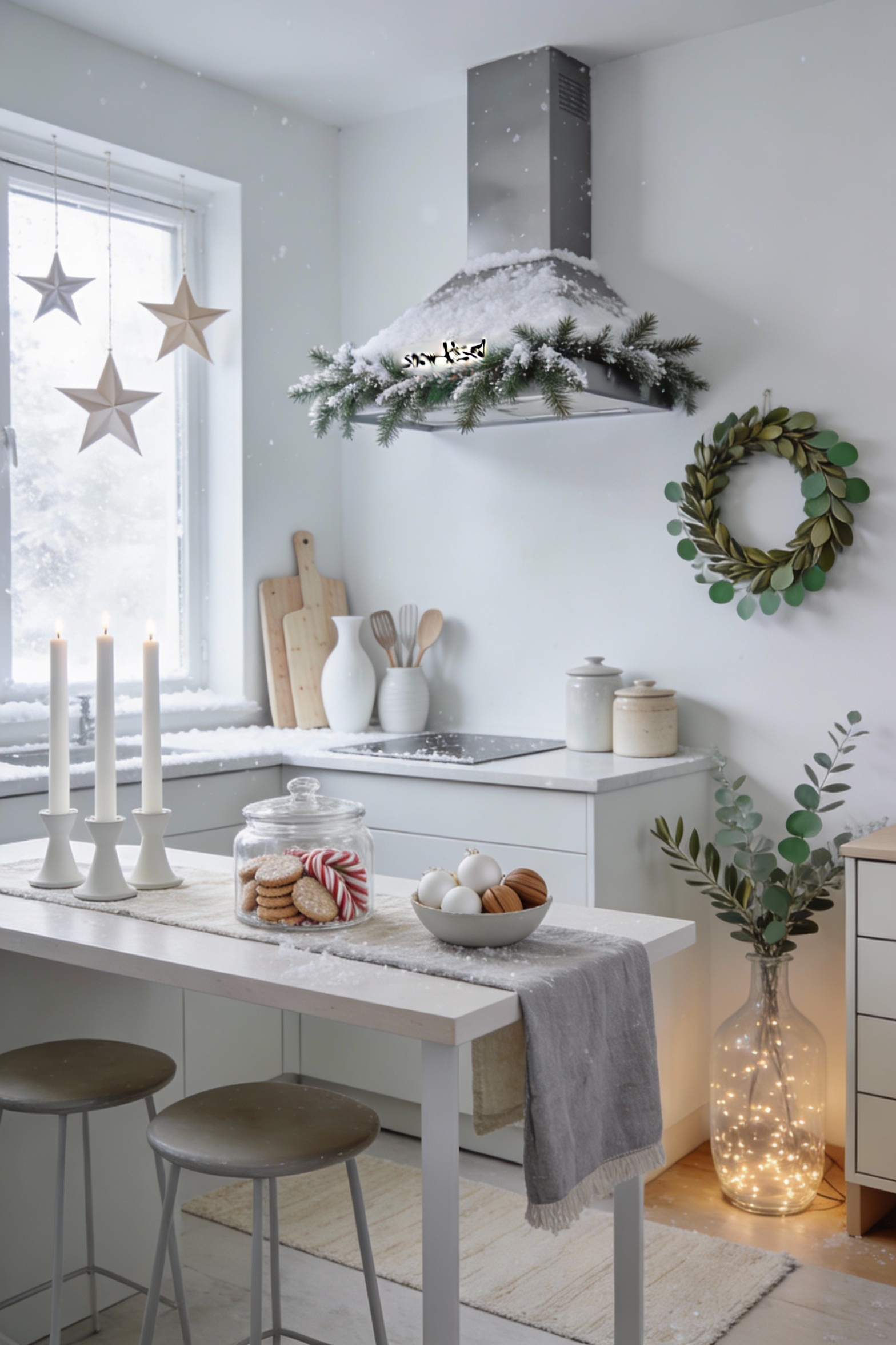 Medium shot, photorealistic minimalist Scandinavian “snow-kissed” kitchen in white, pale wood, soft gray, and frosty gre