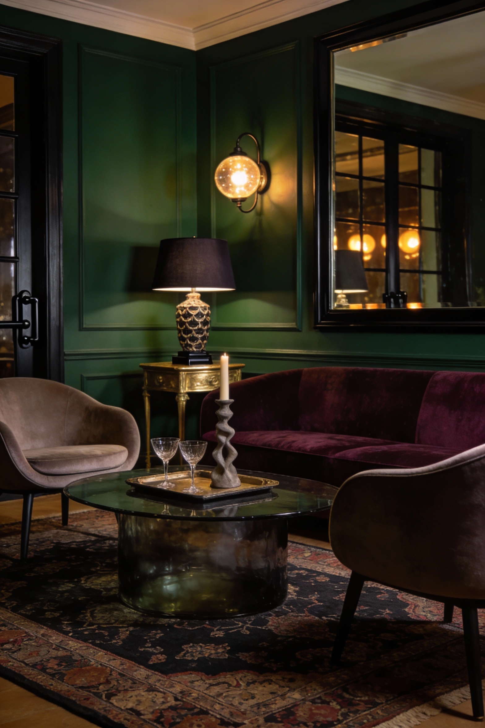 2. Medium shot of a moody boutique-hotel lounge vignette: deep forest green accent wall, rich-toned velvet sofa with two
