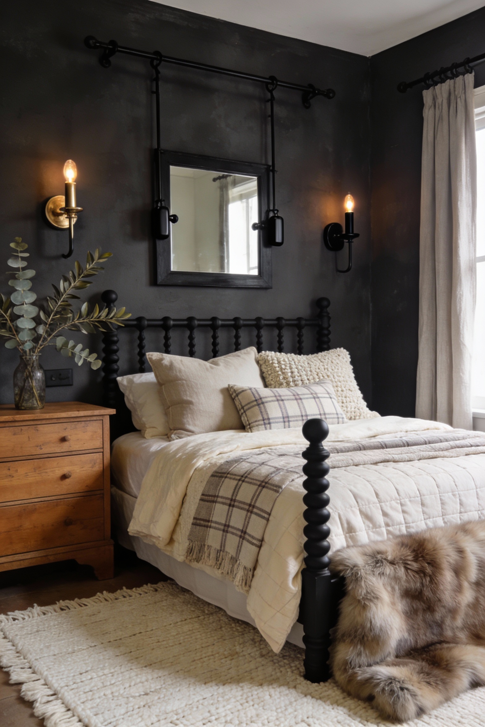 2. Medium-wide photorealistic moody farmhouse bedroom, straight-on view of bed wall: deep smoky charcoal walls, black sp