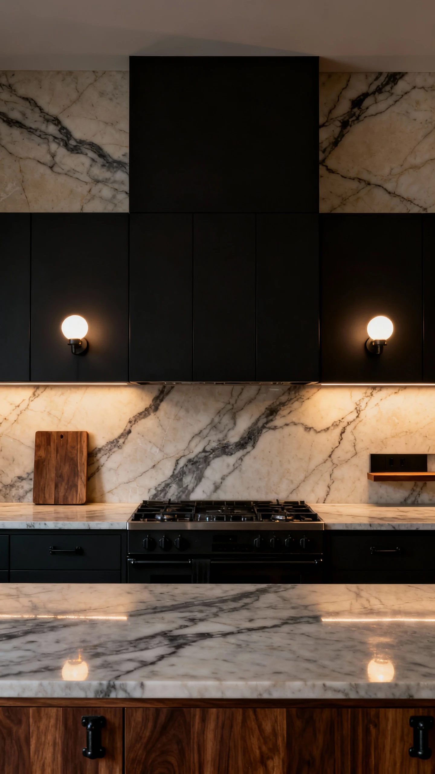 Medium photorealistic straight-on view of a moody modern bistro kitchen cooking wall: full-height creamy stone slab back