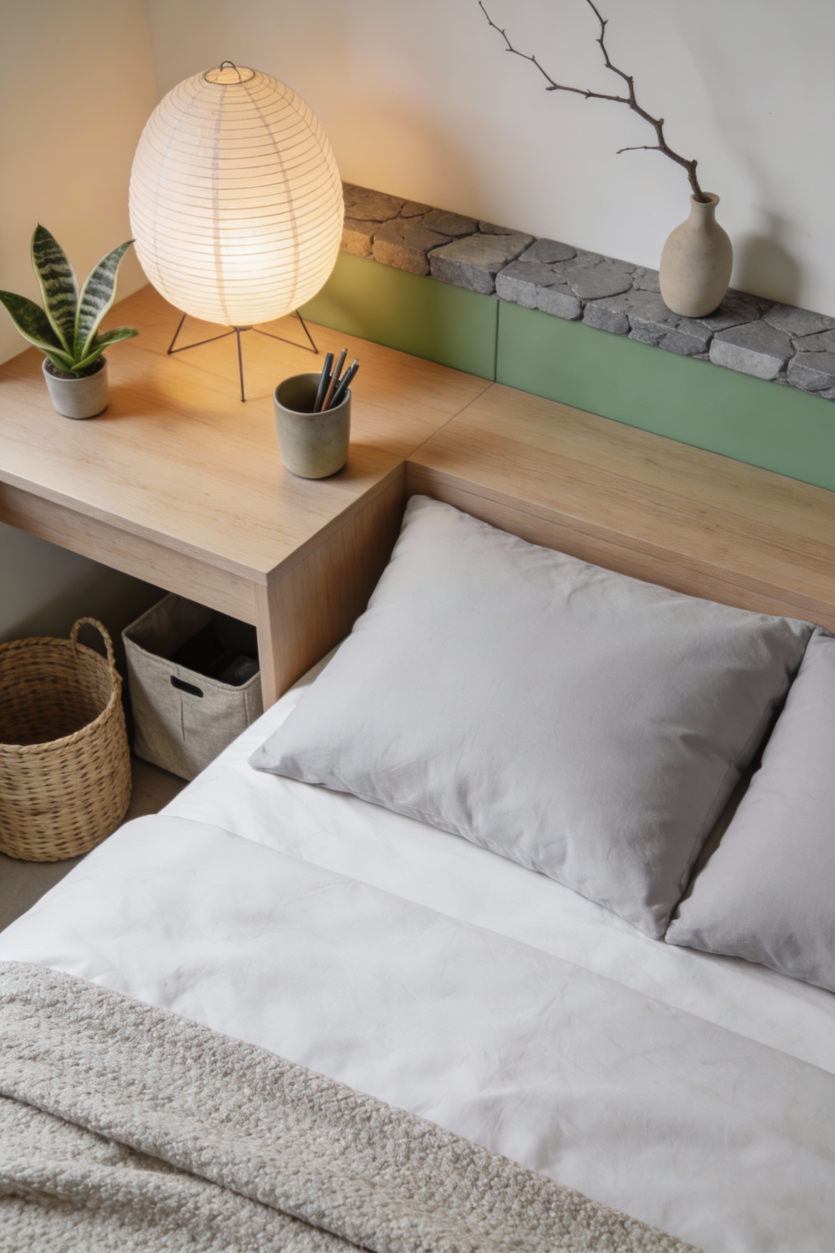 Overhead photorealistic detail shot in a calm Japandi minimal hostel setup: crisp white/pale gray solid duvet neatly mad