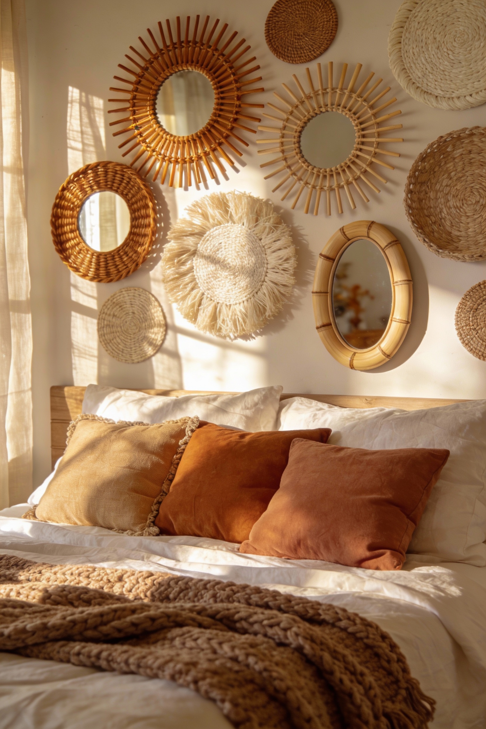 Close-up photorealistic detail of a cozy boho bedroom vignette: rattan and woven mirror gallery wall above the headboard