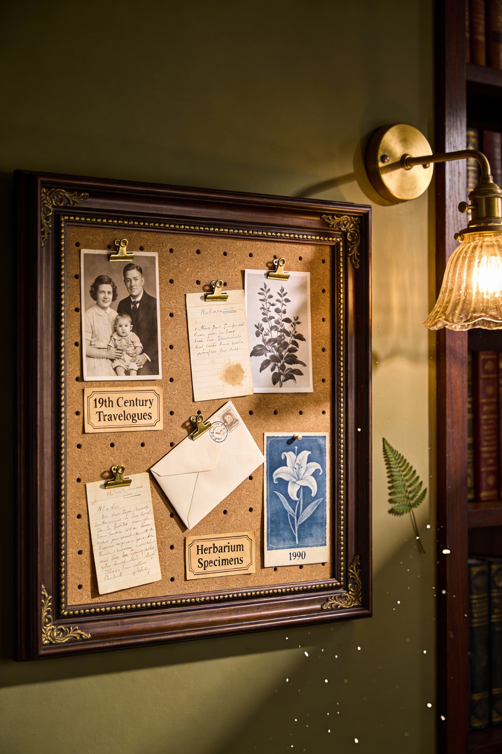 Close-up photorealistic detail of a vintage library living room notice board vignette: thick dark-stained framed cork bo