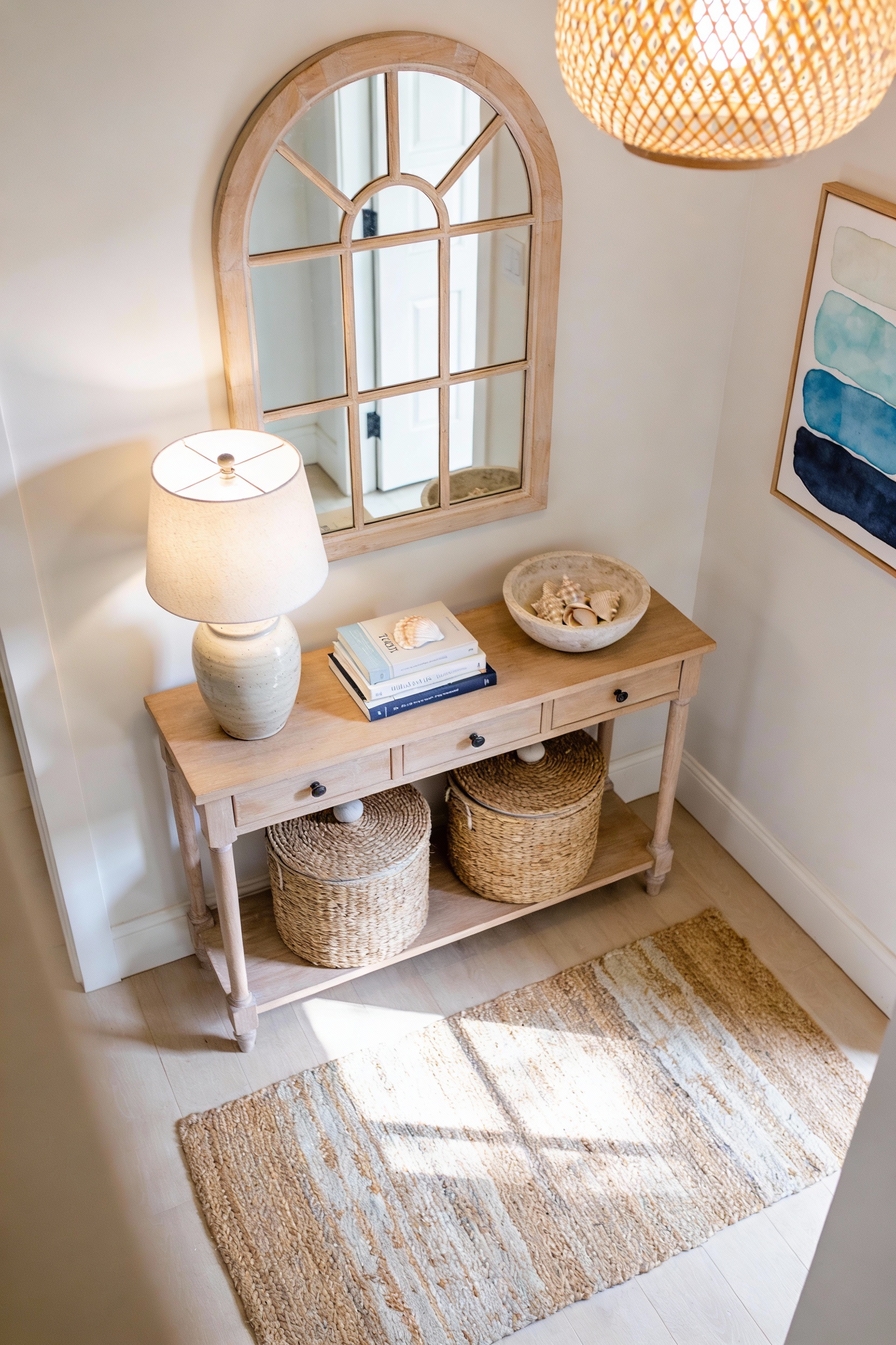 Overhead detail photorealistic shot focusing on an airy coastal hallway vignette: sun-faded jute or flatweave runner ove