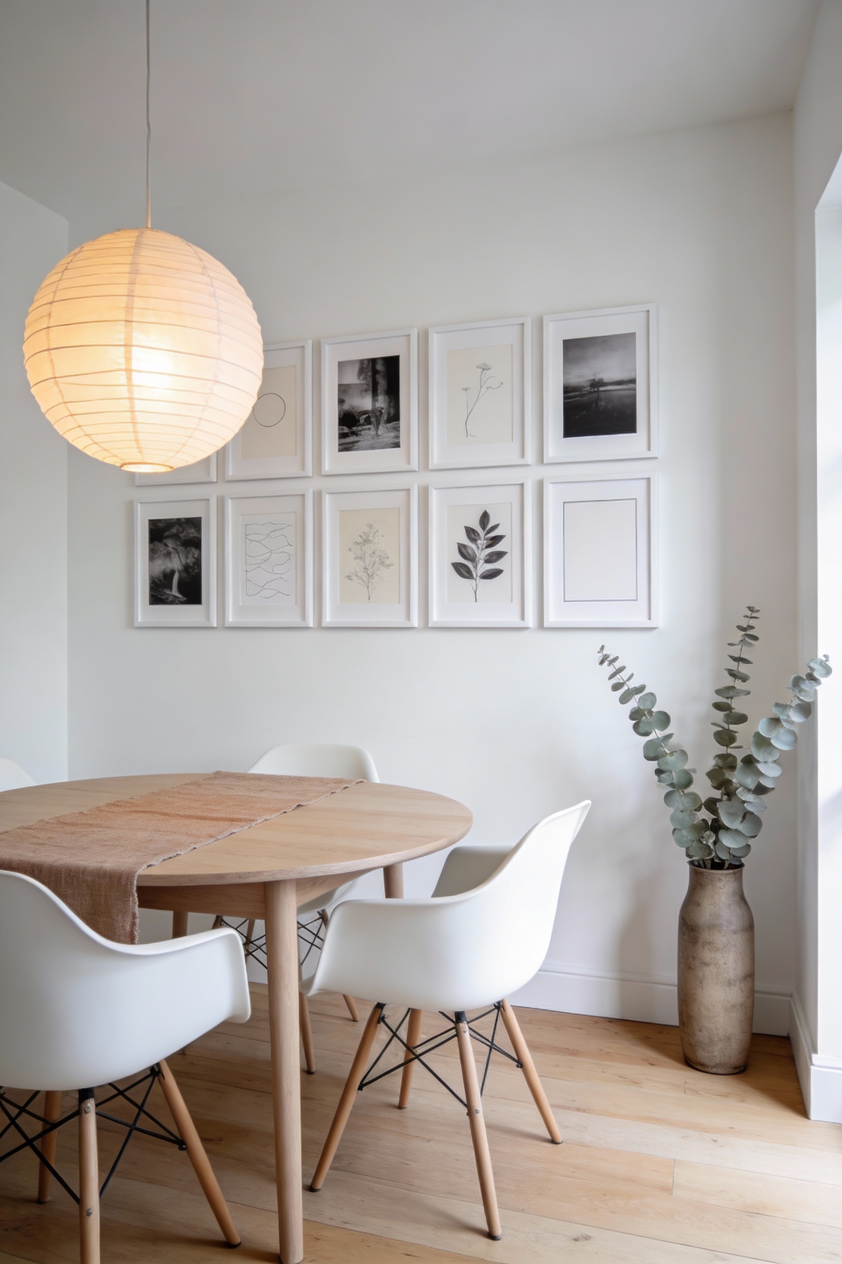 Wide photorealistic airy Scandinavian dining nook shot from a corner angle, soft white walls and light wood floors, roun