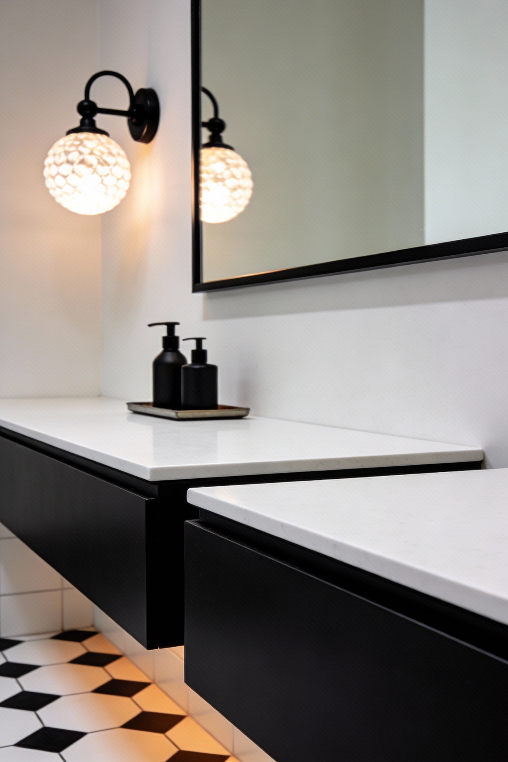 Detail closeup from a low angle emphasizing high-contrast contemporary materials: matte black flat-front double vanity e