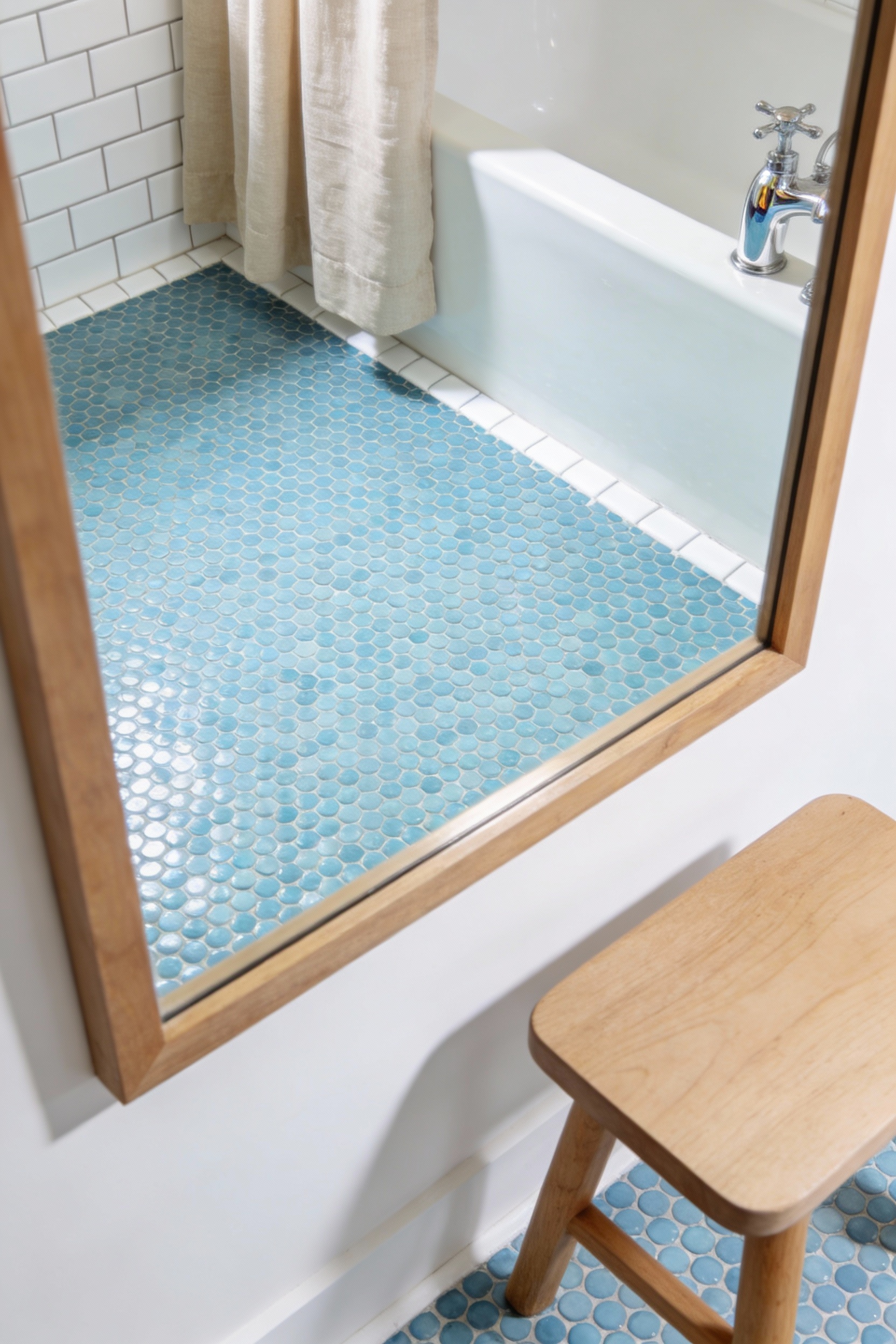 Overhead photorealistic detail shot focusing on the floor: soft ocean-blue penny round mosaic tile with crisp white grou