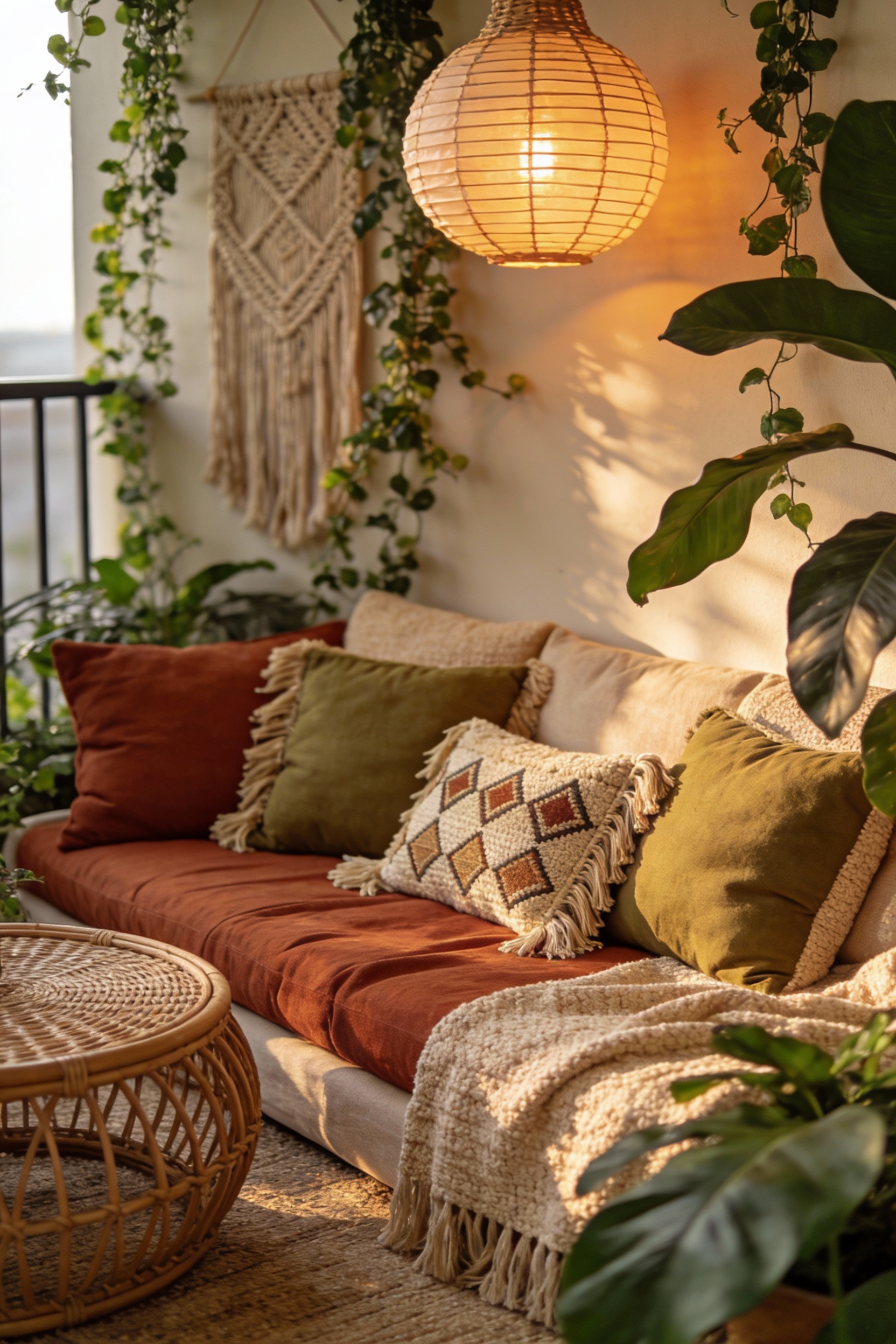 Detailed photorealistic close-up of a boho indoor garden lounge vignette on a closed balcony: terracotta and sand beige 