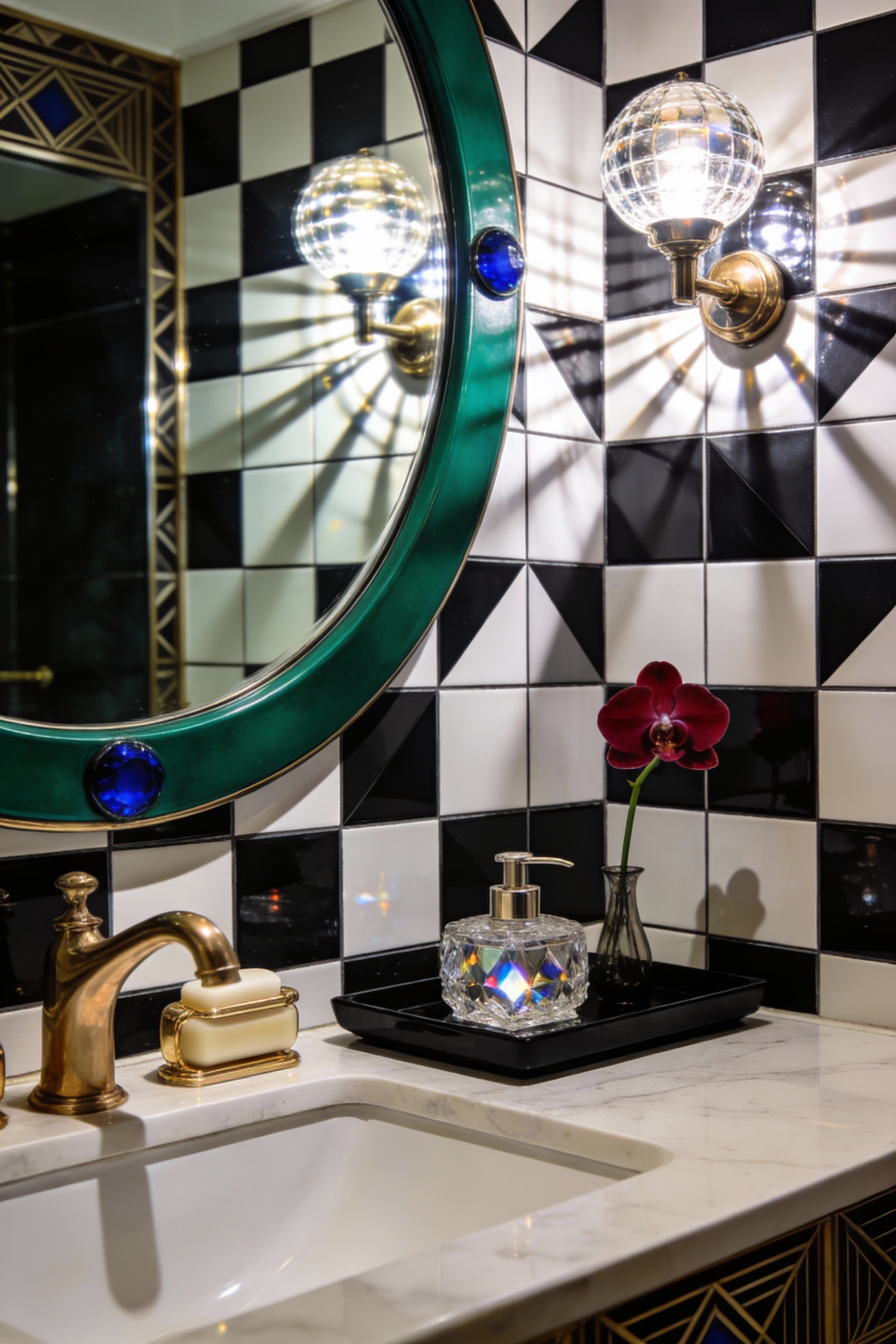 Close-up photorealistic Art-Deco glam detail scene: black-and-white geometric tile (checkerboard or mosaic) and a rounde
