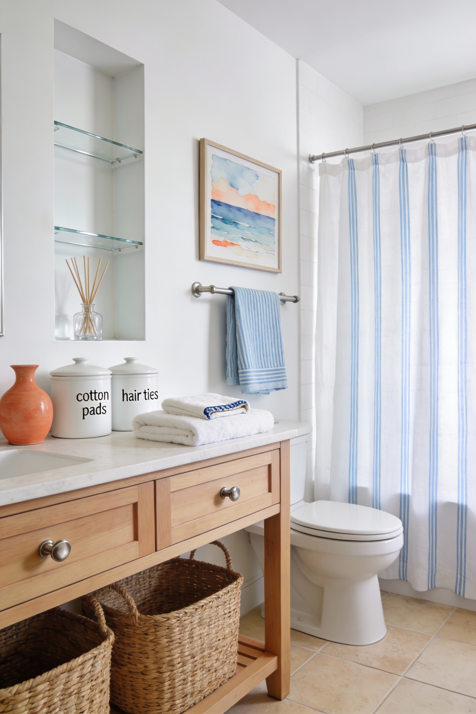 Bright airy wide corner-angle photorealistic shot of a coastal bathroom with white walls and pale sandy tile, featuring 