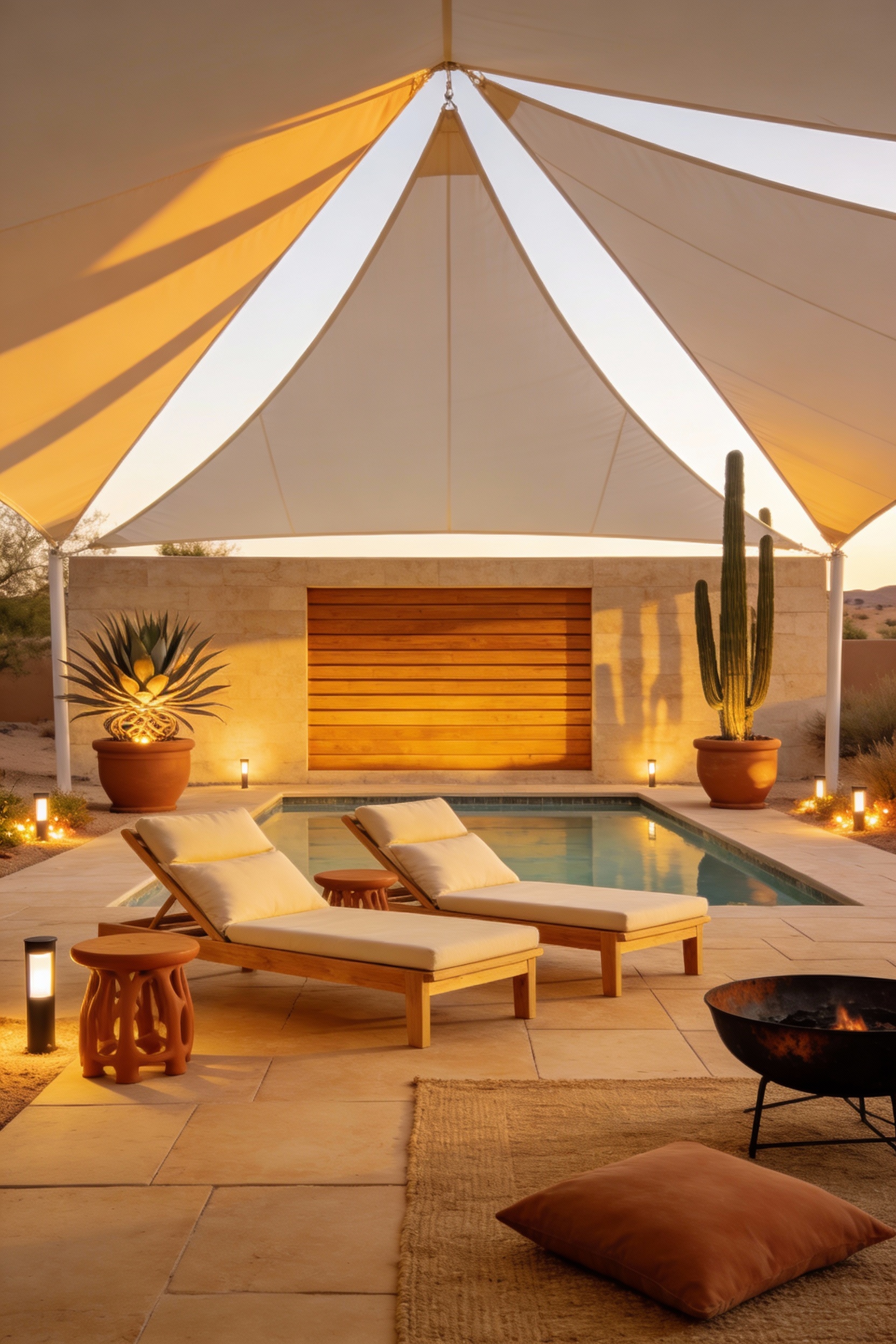 Wide photorealistic golden-hour shot of a desert modern semi-inground pool patio: exposed pool wall as a feature with ho