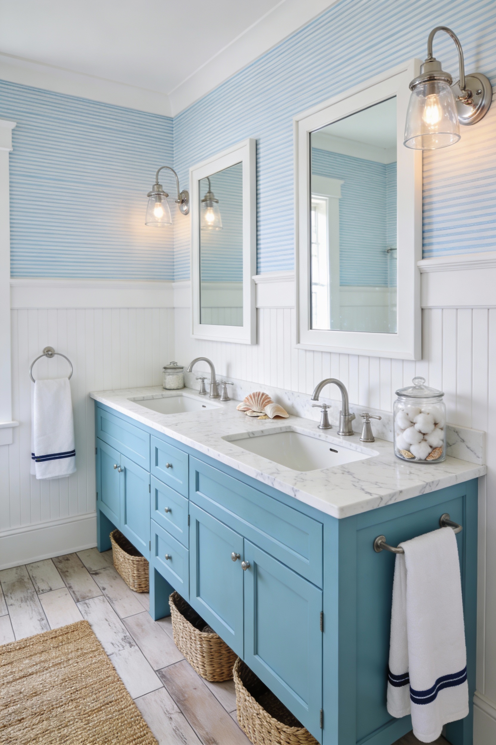 Wide photorealistic bright coastal bathroom shot from a slightly elevated corner: built-in Shaker-style double vanity pa