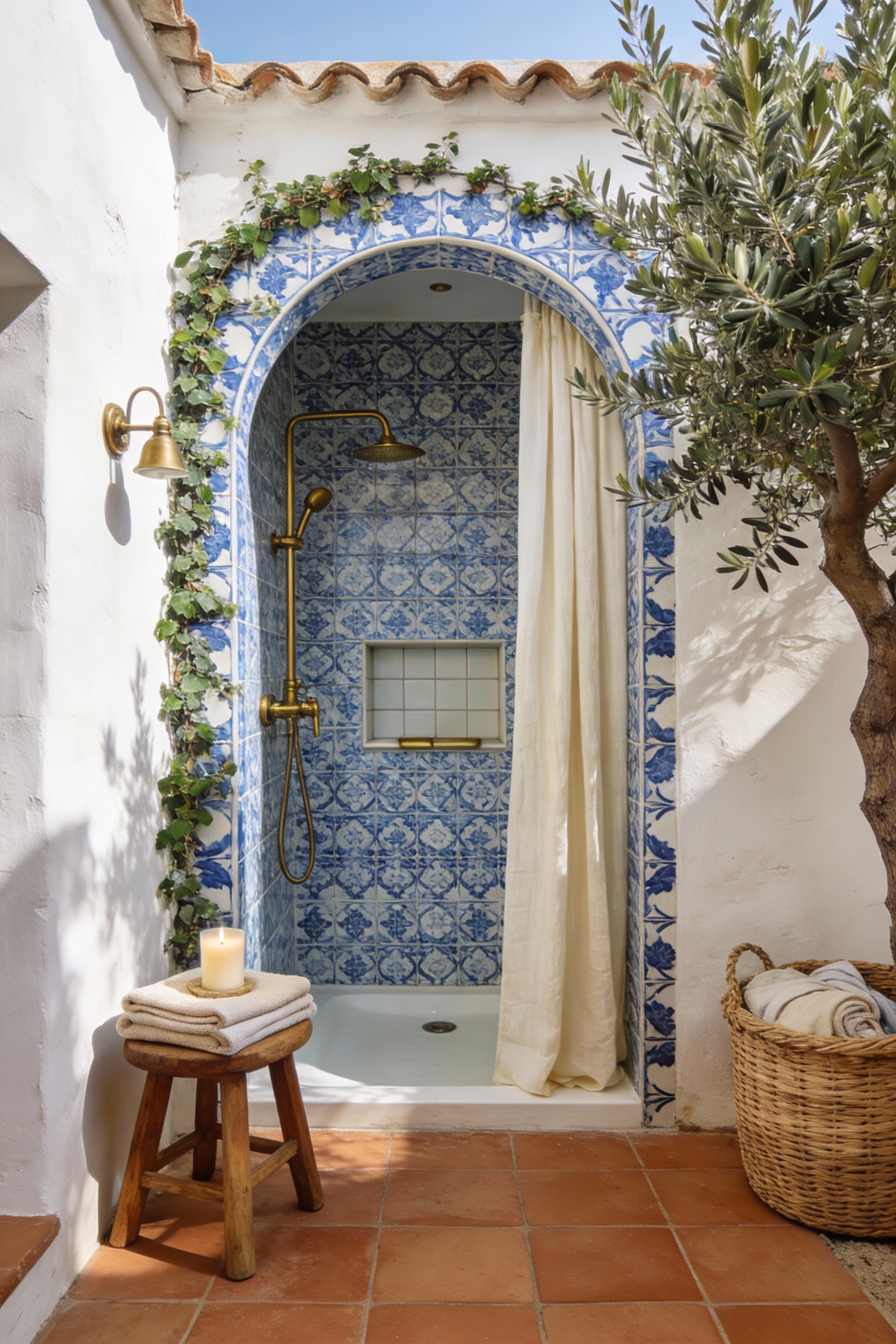 Wide straight-on photorealistic shot of Mediterranean courtyard bathroom: blue-and-white patterned tile wrapping shower 