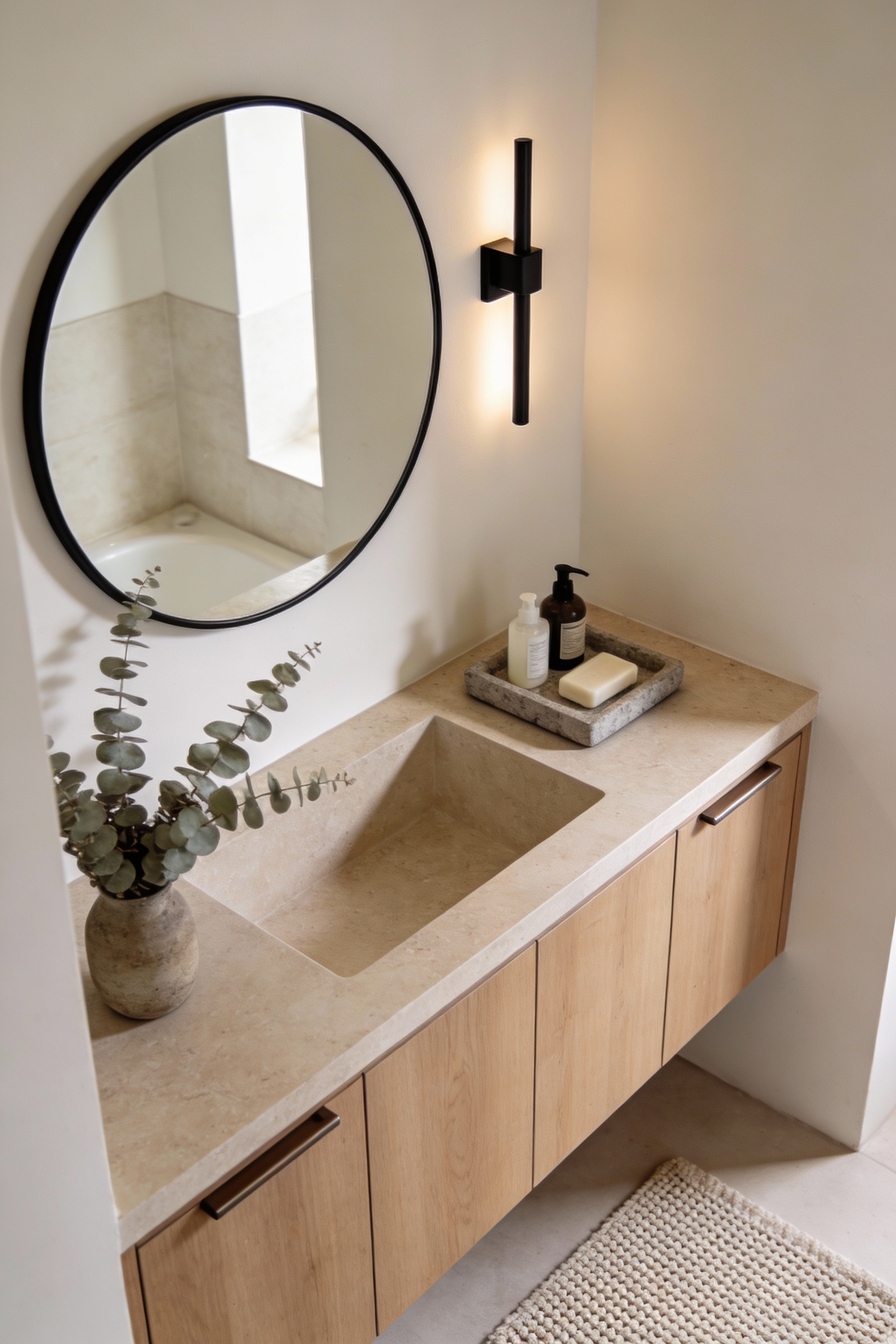 Detail-focused photorealistic shot (slightly overhead) of a modern Japandi spa vanity zone: warm white/oatmeal walls, lo