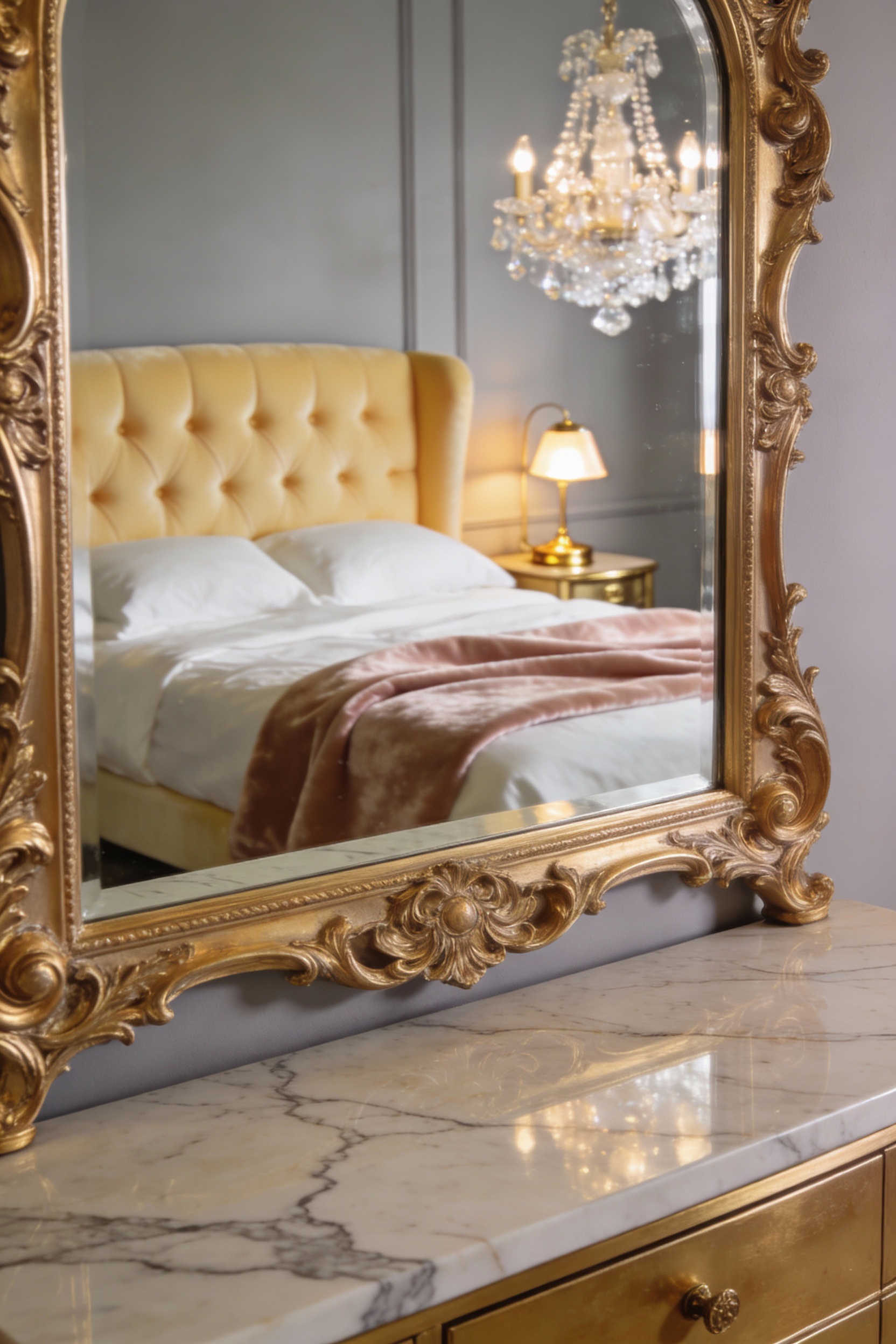 3. Detail closeup of an ornate gilded statement mirror above a marble-topped dresser: crisp focus on the gilded carvings