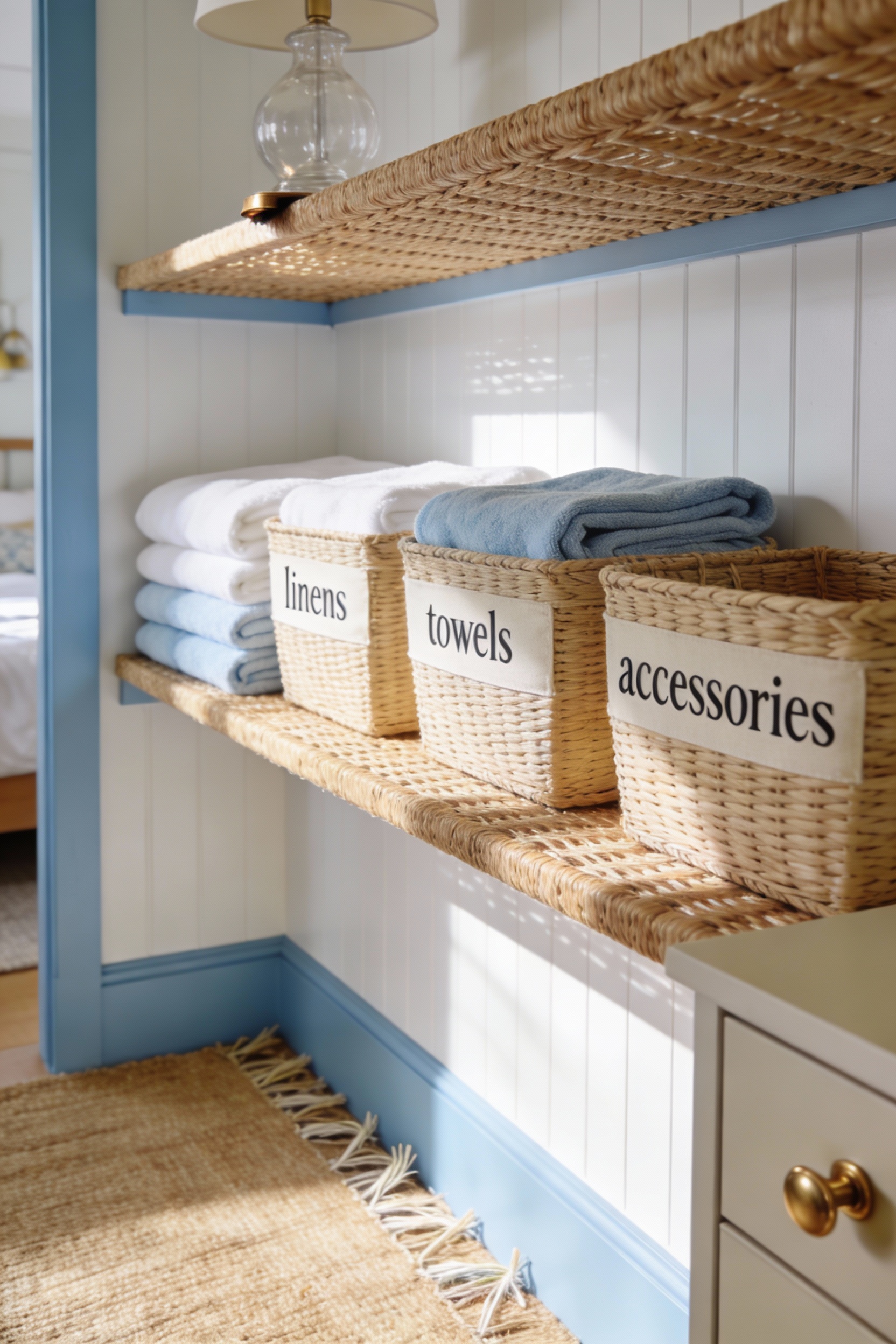 Photorealistic overhead detail shot of a wall-to-wall shelf in a coastal calm bedroom, neatly arranged labeled baskets a