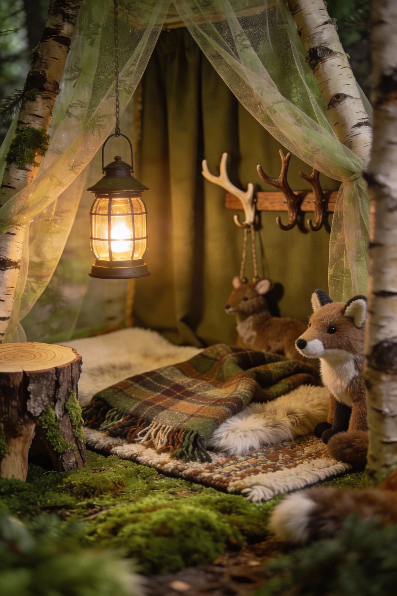 3. Photorealistic detailed closeup of textures in a woodland reading nook: gauzy canopy over a wool-blend area rug with 