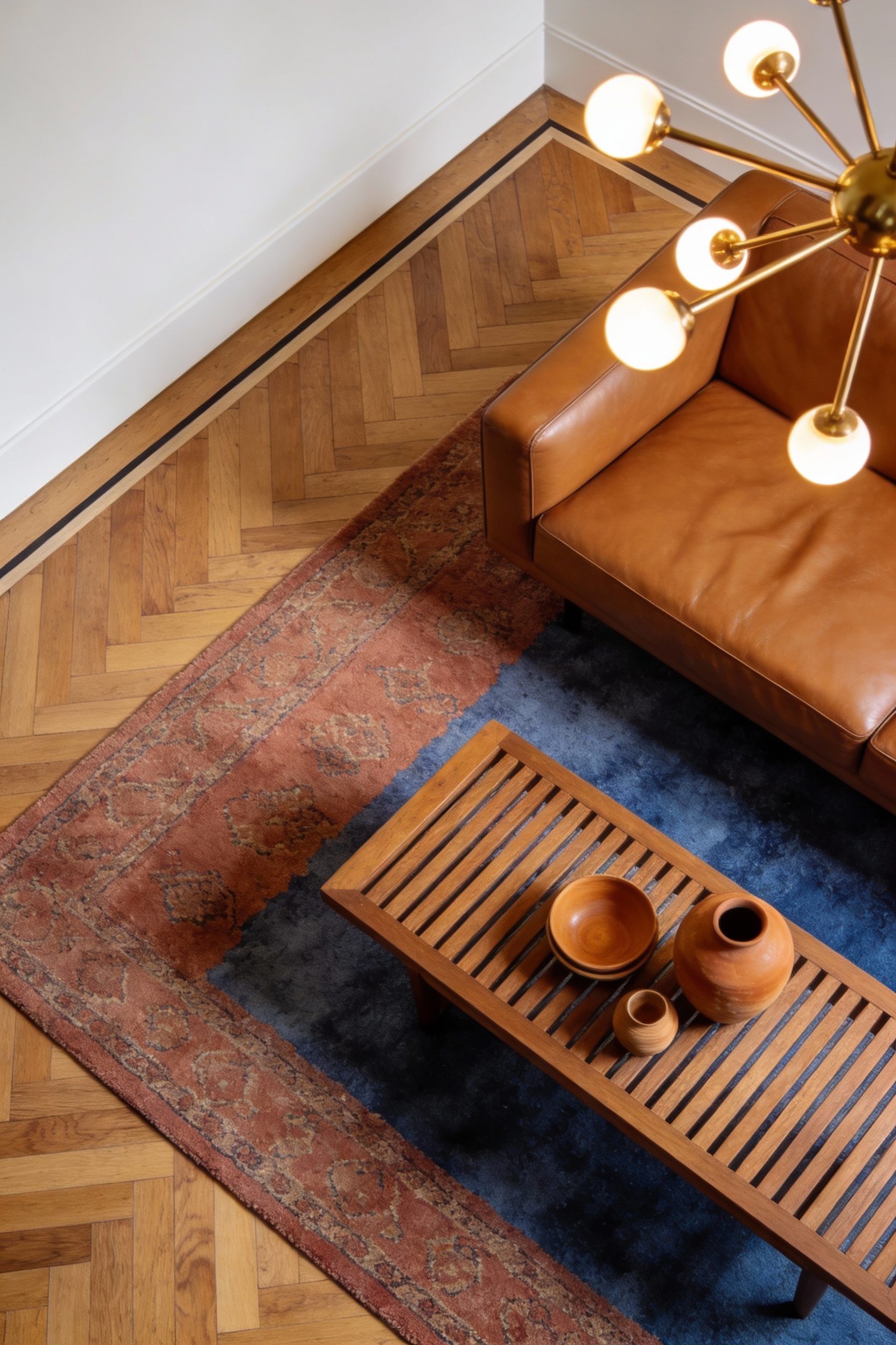 Overhead detail shot highlighting satin-finished walnut herringbone hardwood with a clean border, partially layered with