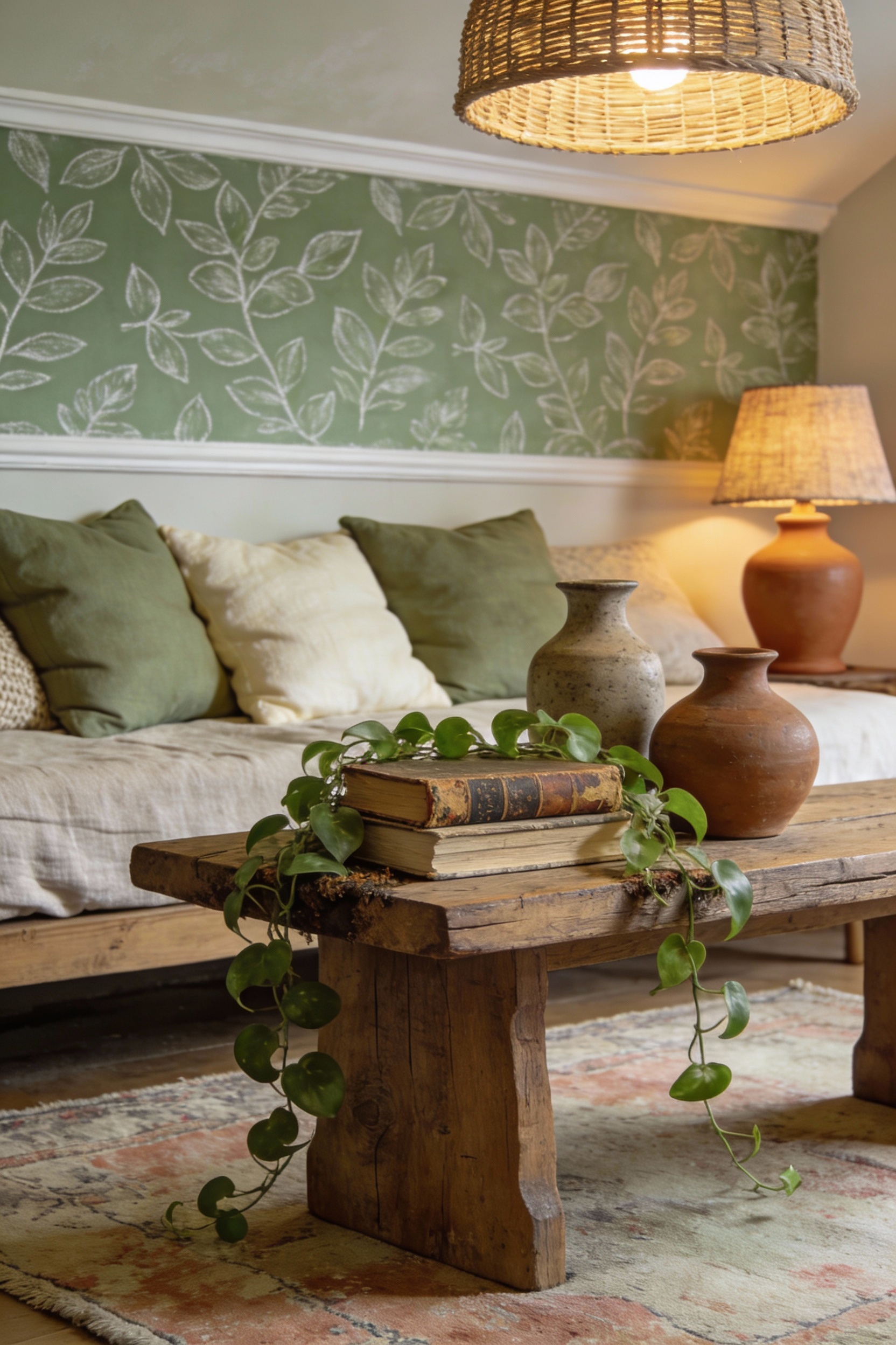 Overhead detail shot of a rustic wood coffee table on an overdyed rug in muted tones, styled with stoneware vases, books