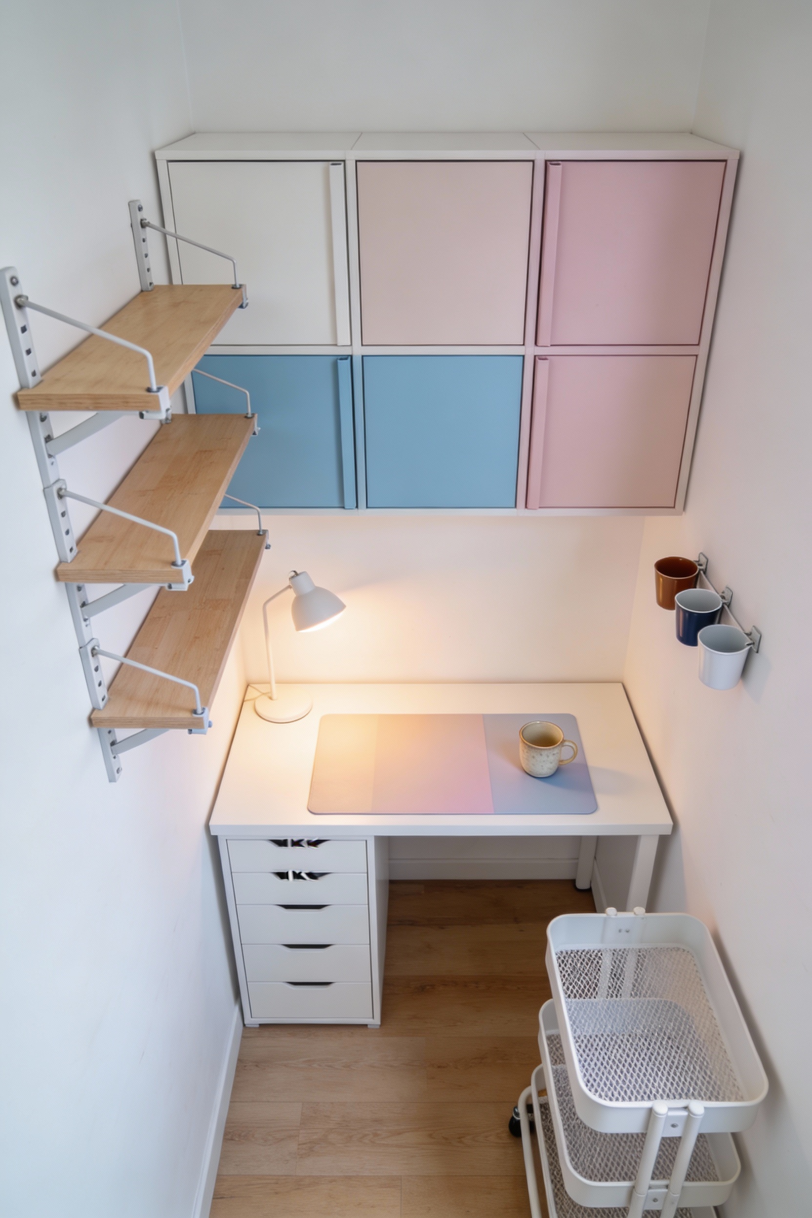 Overhead detail shot of a compact creative nook: white MICKE desk with a pastel desk mat, single ceramic cup, and the so