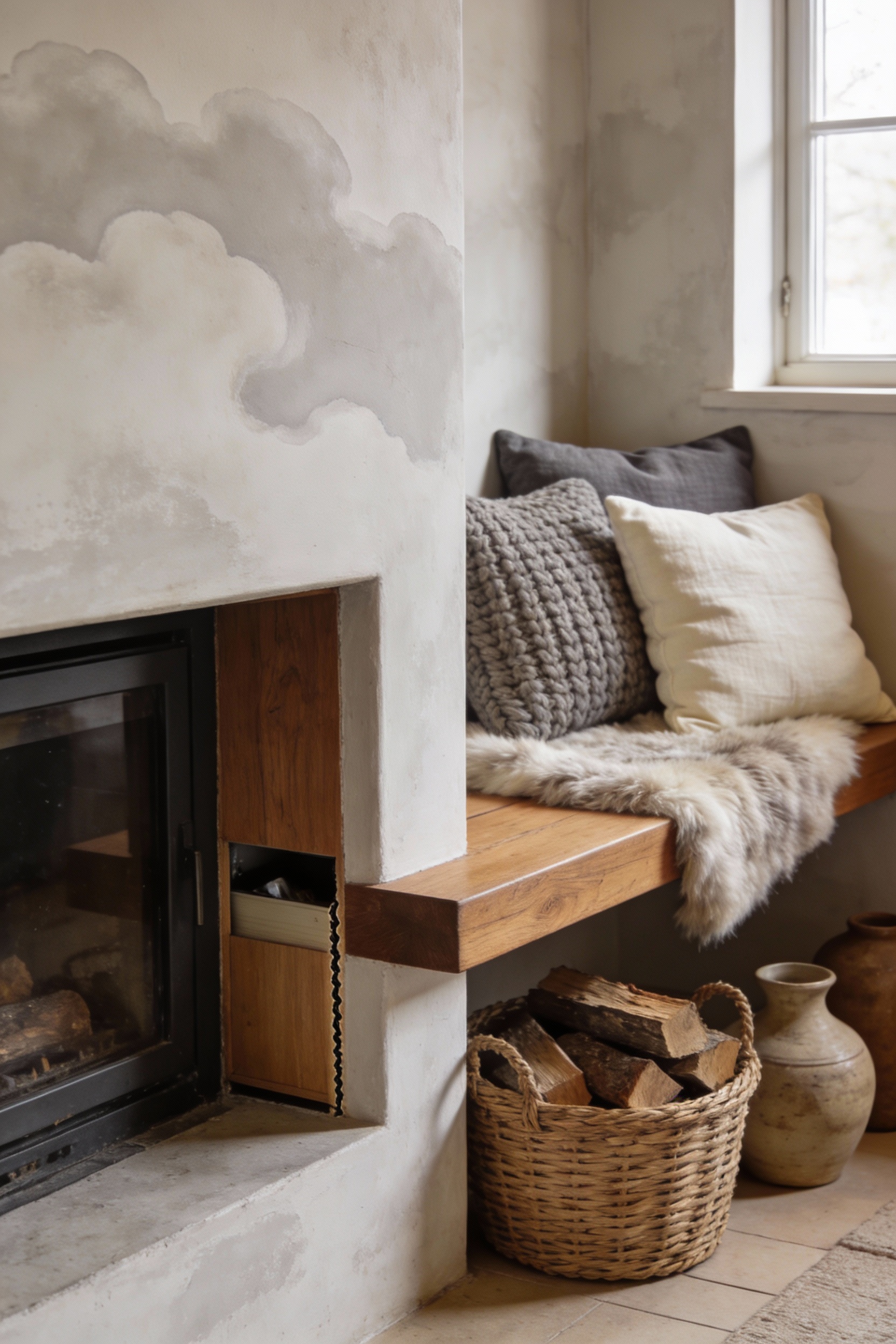 Close-up photorealistic detail of a Scandinavian hearth nook: limewashed chimney breast wall showing soft cloudy movemen