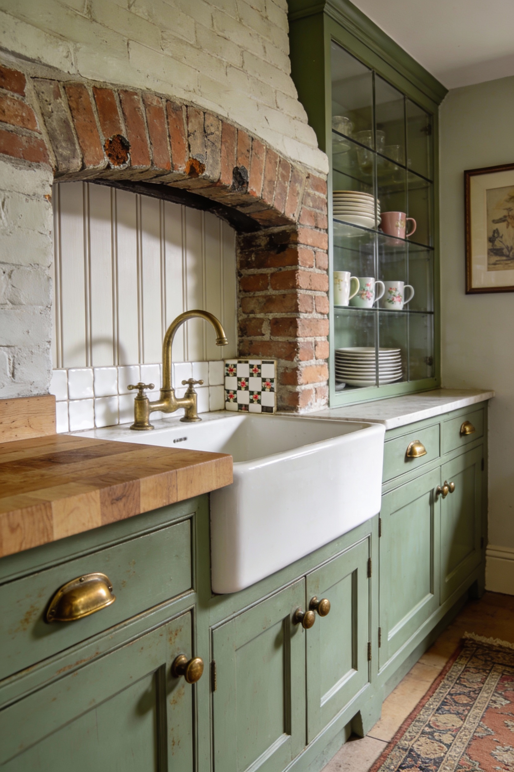 Detailed close-up, photorealistic English cottage pantry kitchen vignette focusing on an aged brick chimney (slightly im