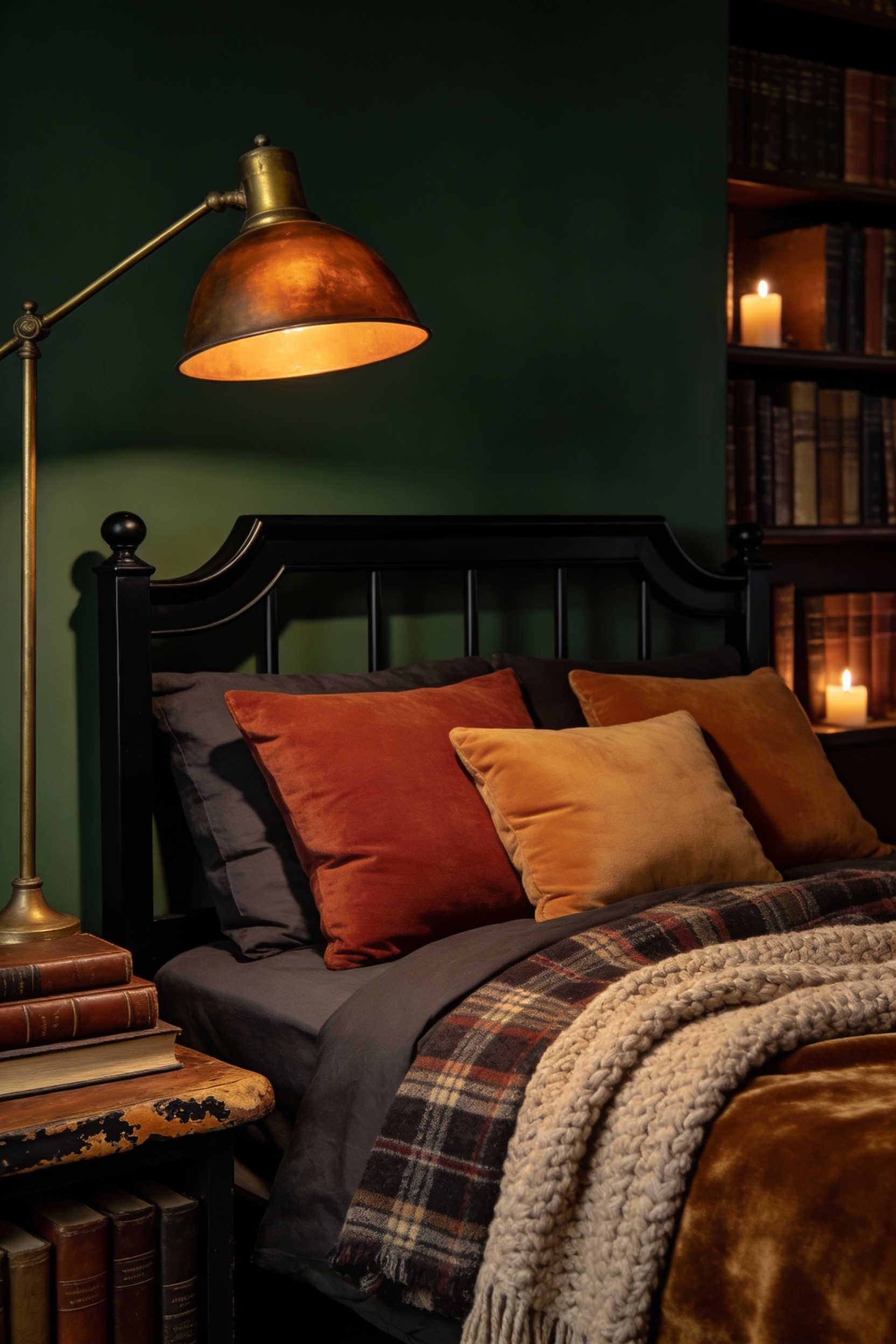 Detail-rich photorealistic closeup shot, moody library retreat styling: black bedframe with a slightly traditional headb