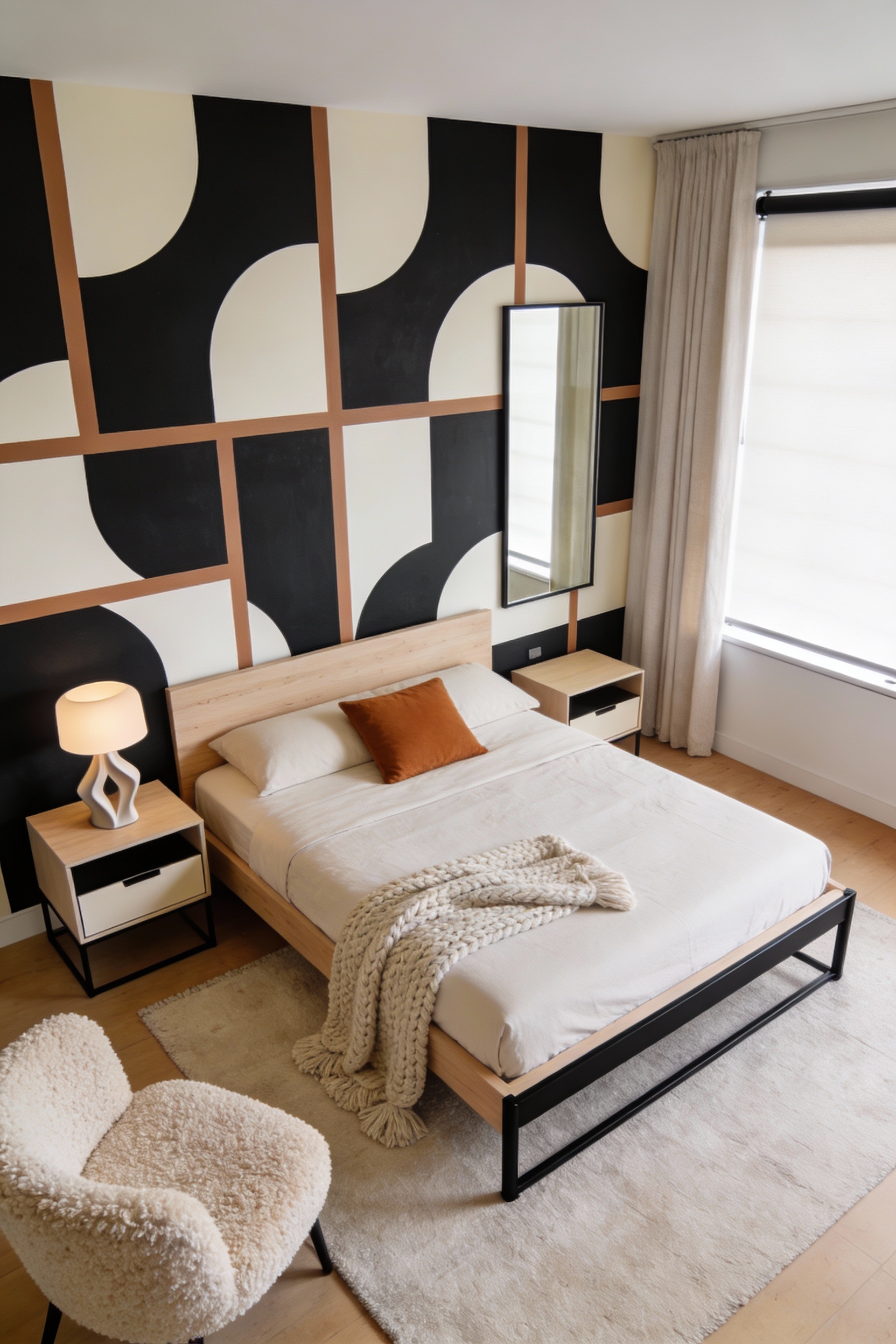 Wide modern minimal bedroom, slightly elevated perspective: large-scale bold geometric wallpaper (high-contrast black an