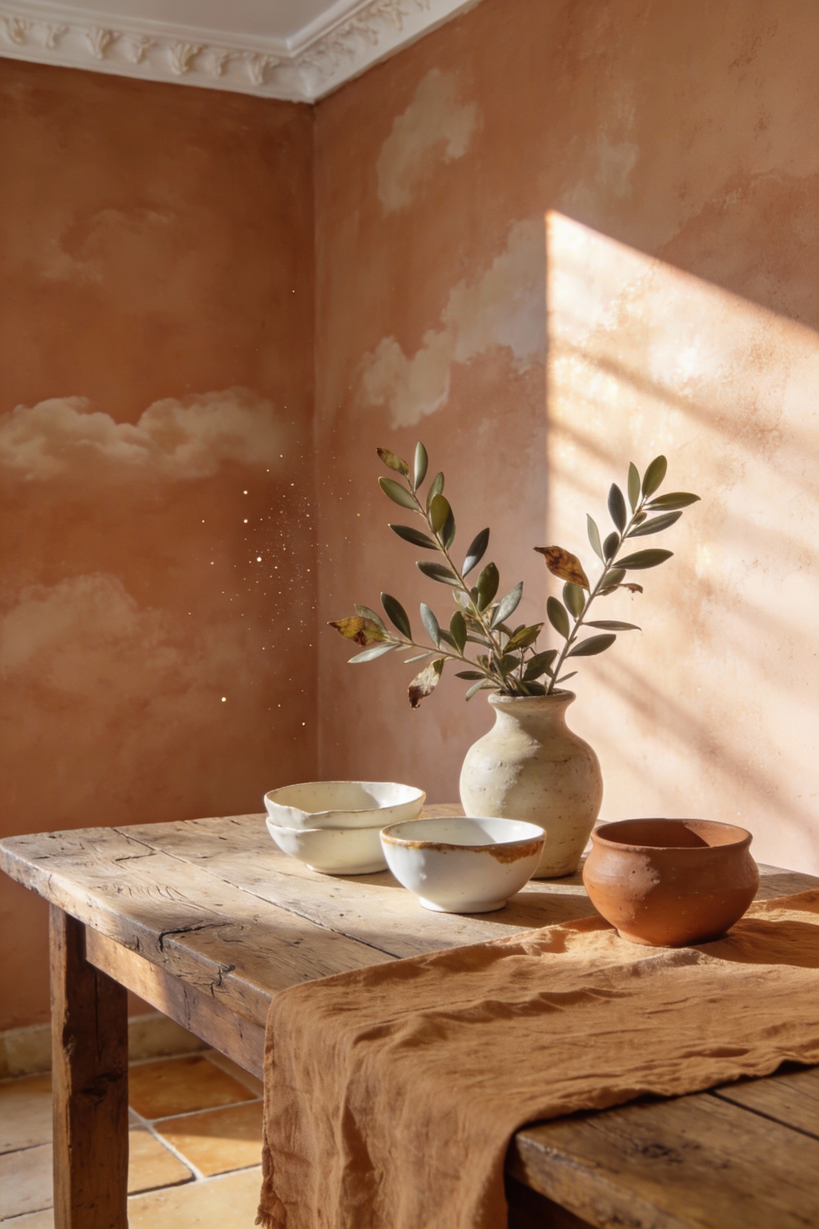 Detailed close-up photorealistic wall-and-table vignette in a sunlit Mediterranean dining room: muted terracotta clay wa